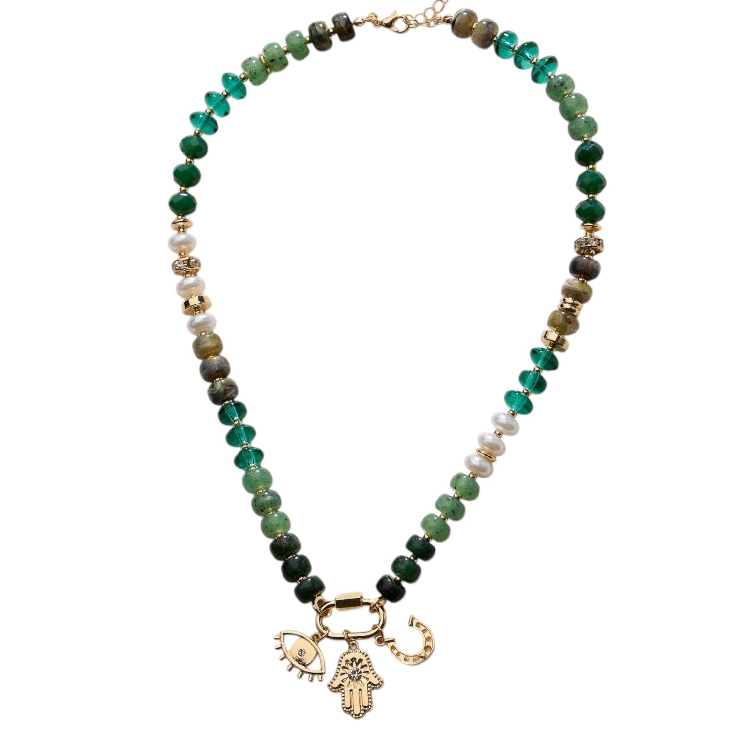 Necklace with green and gold beads and a hamsa charm on a white background