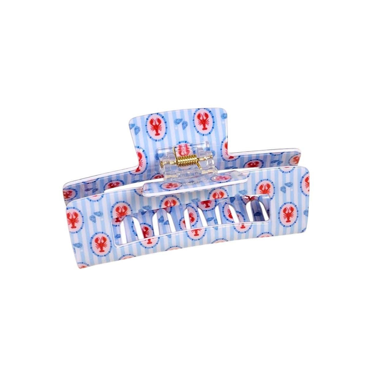 Blue and white striped basket with red lobster pattern on a white background
