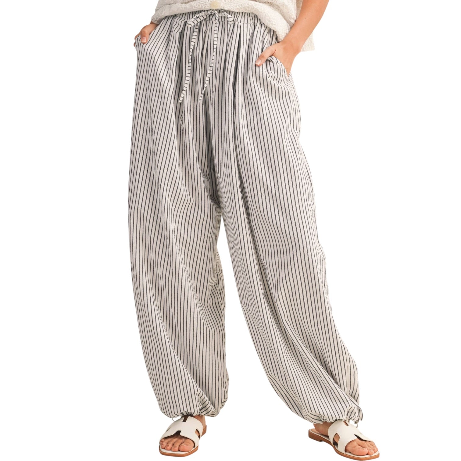 striped balloon pants with drawstring