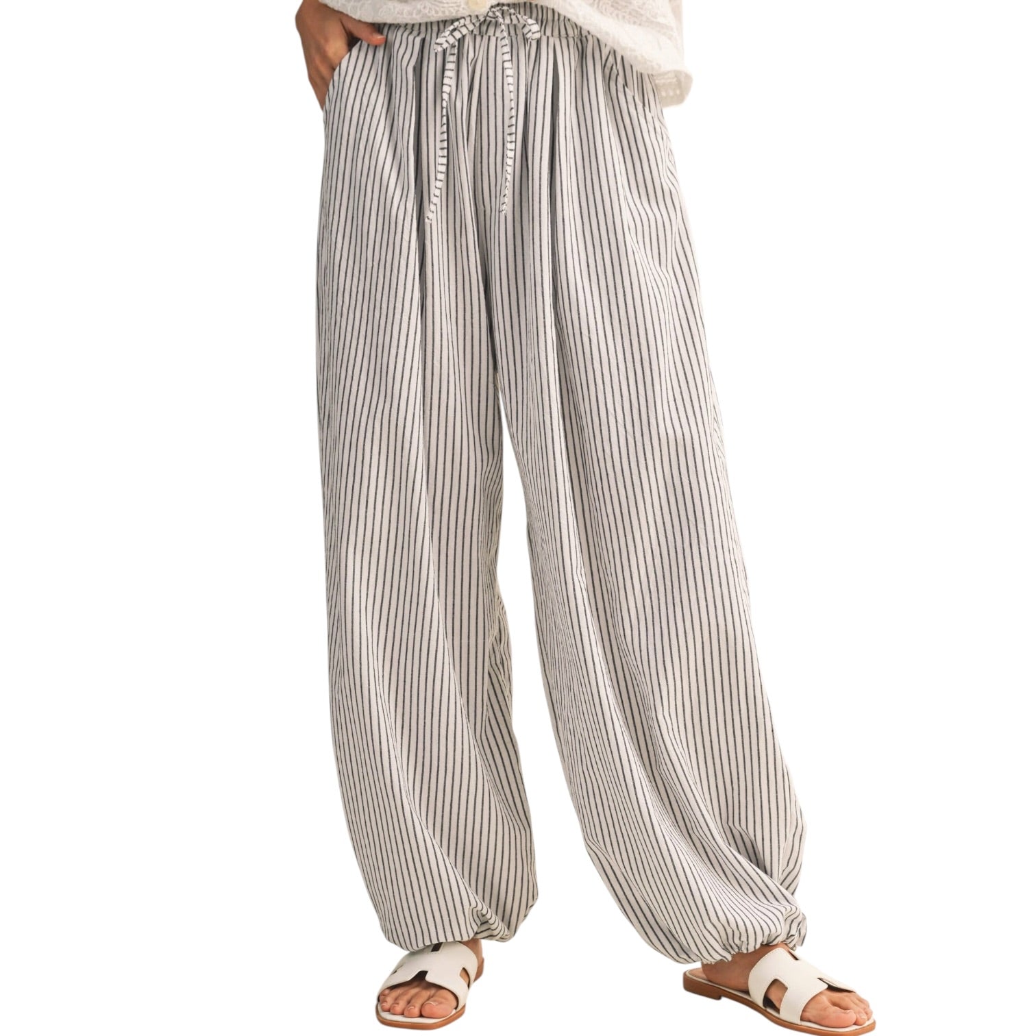 striped balloon pants with drawstring