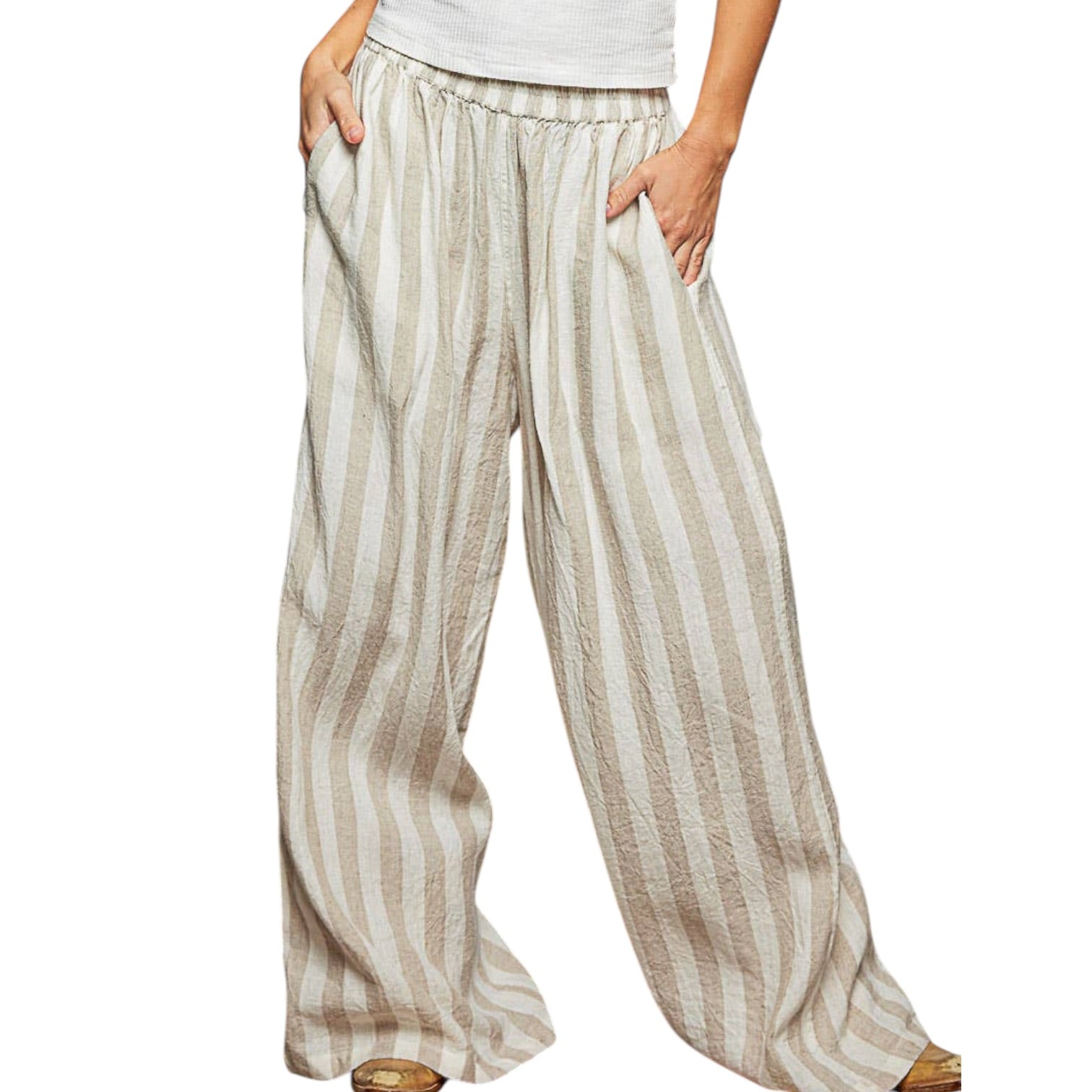 Beige and white striped wide-leg pants on a white background