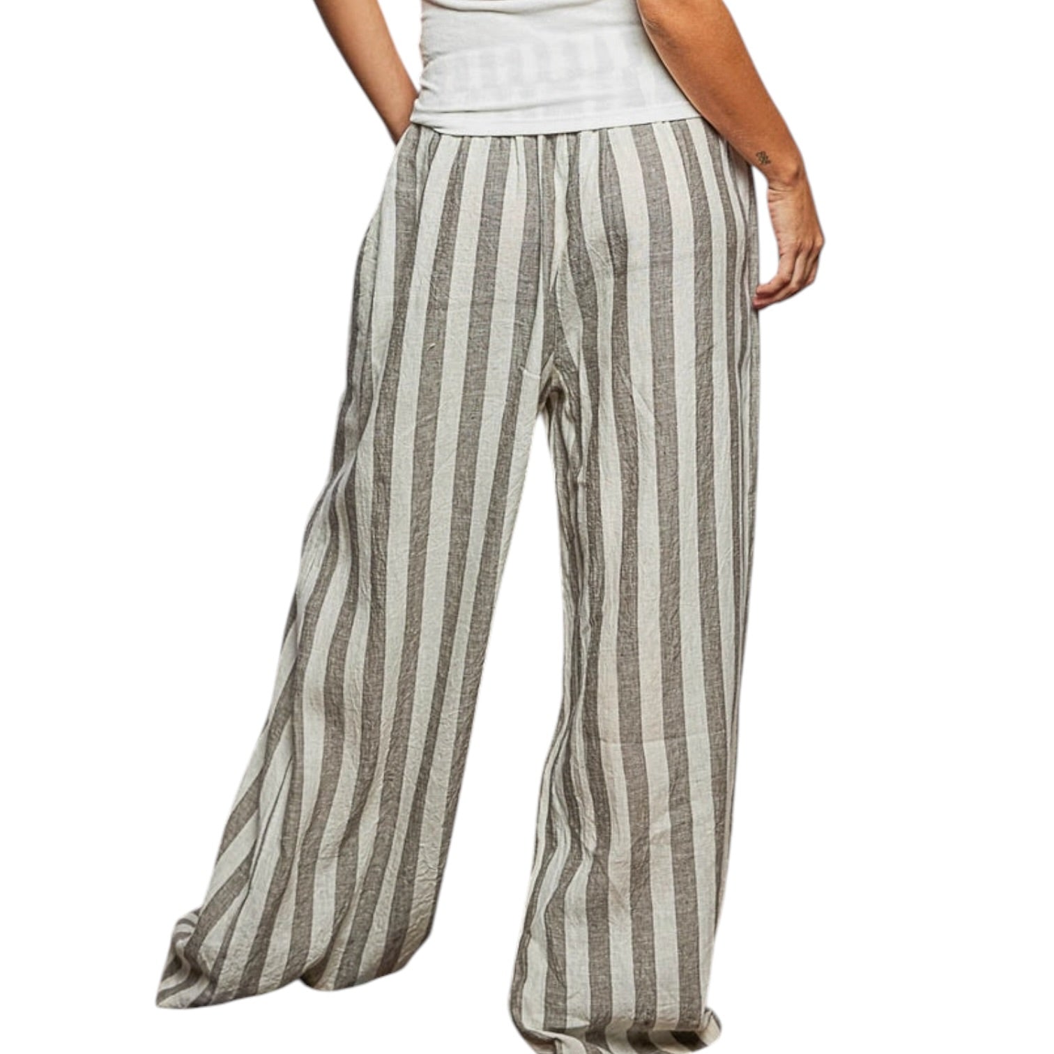 Striped wide-leg pants worn by a person on a white background