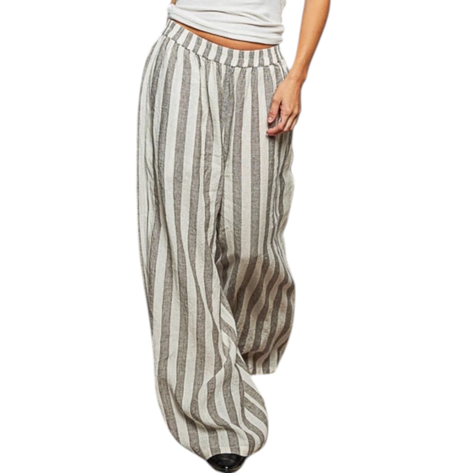 Striped wide-leg pants worn by a person on a white background