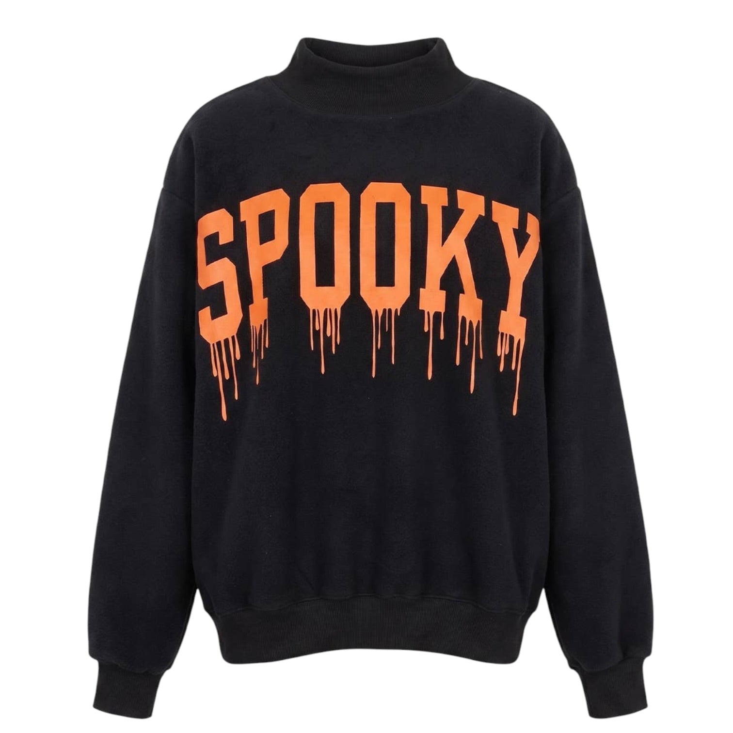 A black mock neck sweatshirt featuring the word 'SPOOKY' printed across the chest in a dripping orange font, shown against a plain white background.