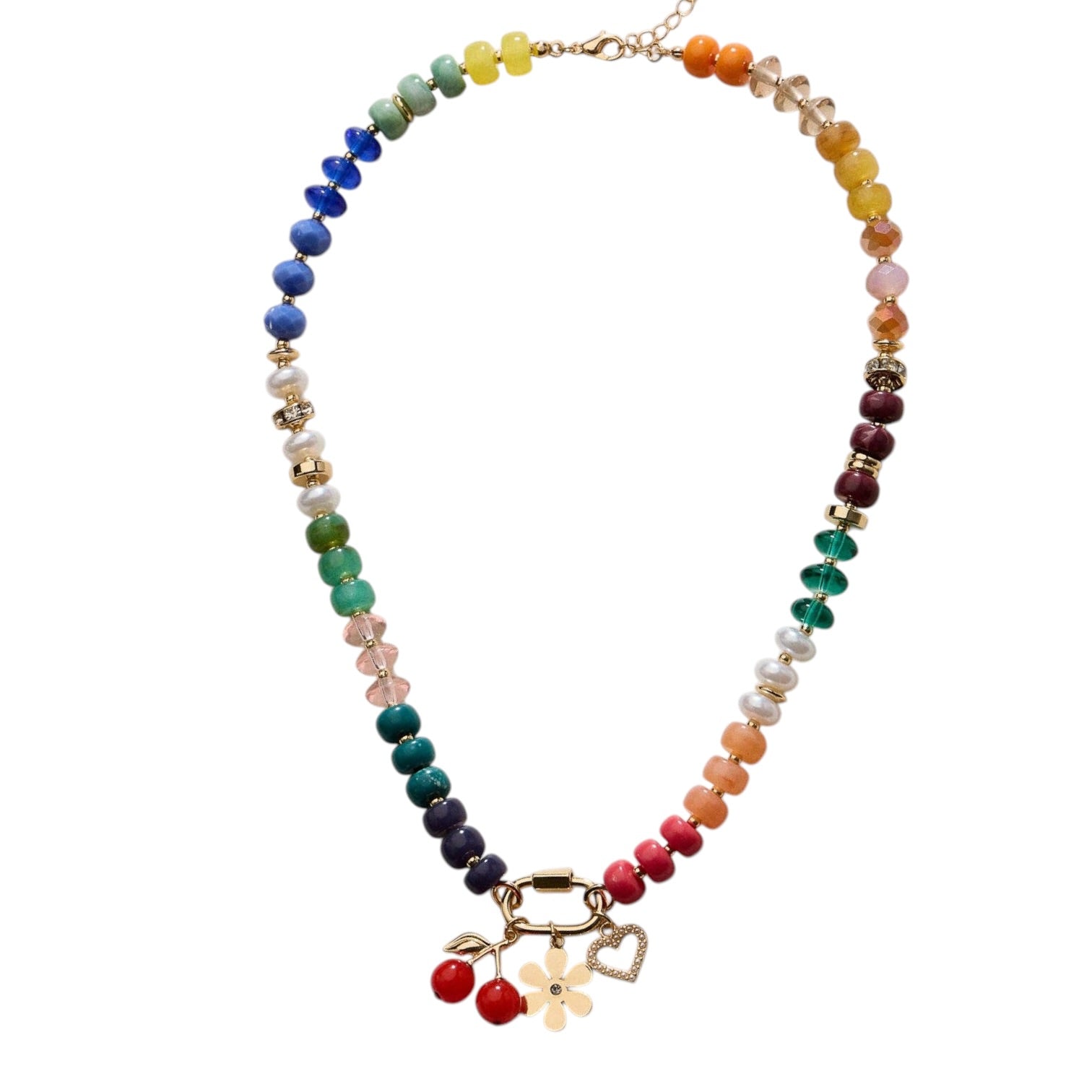 Colorful beaded necklace with floral and heart charms on a white background