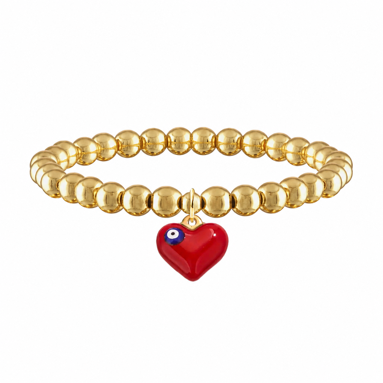 Gold beaded bracelet with a red heart charm on a white background
