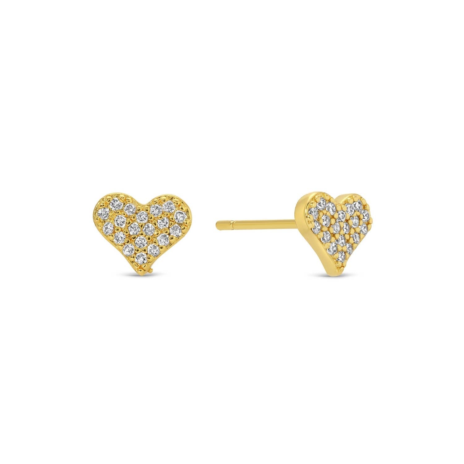 Gold heart-shaped earrings with clear stones on a white background