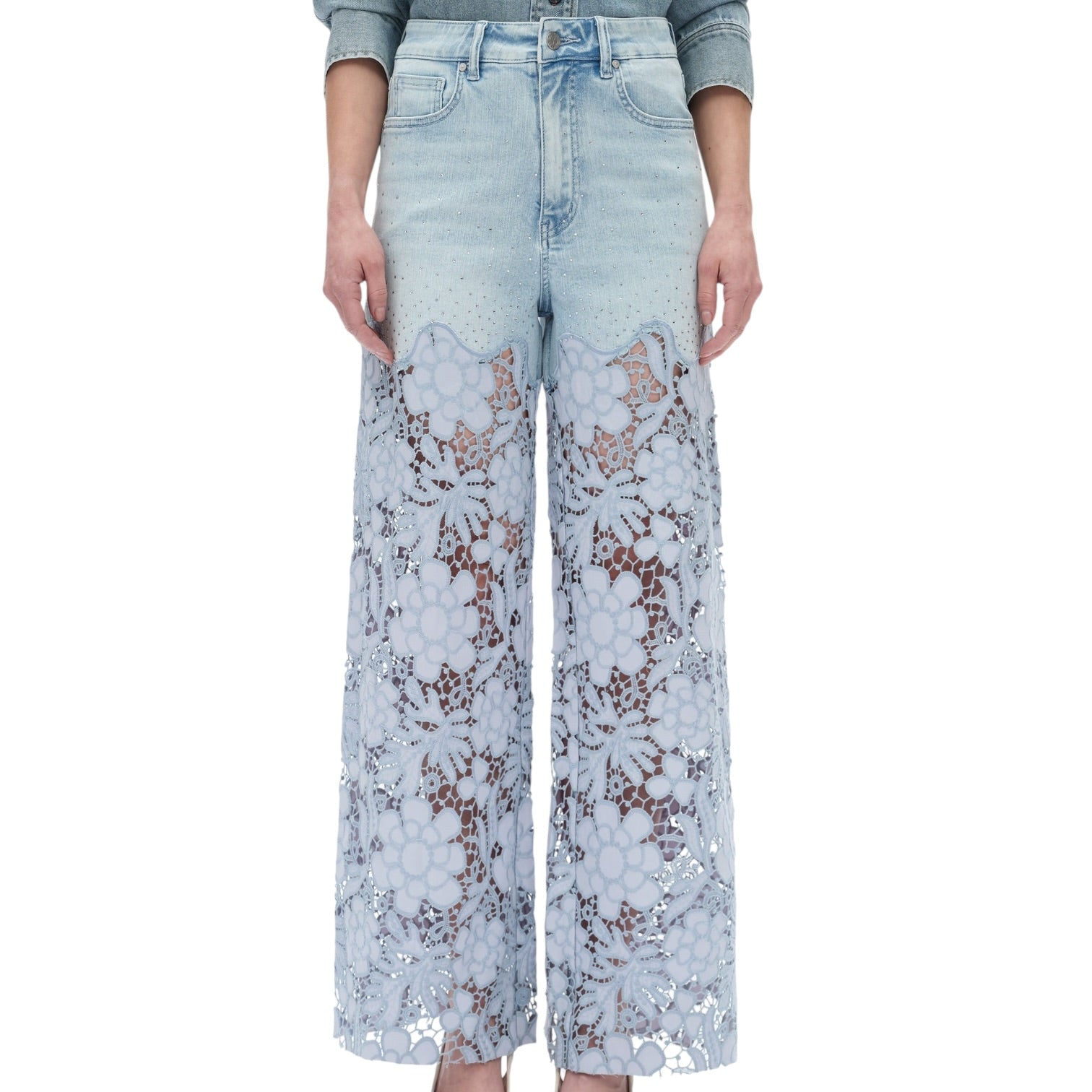 Light blue lace pants worn by a person on a white background