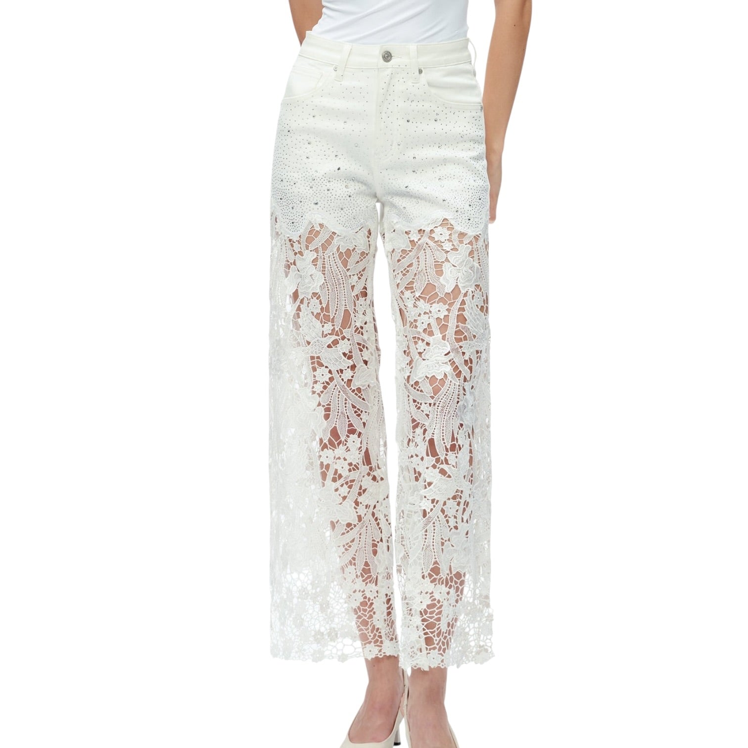 White lace pants on a white background