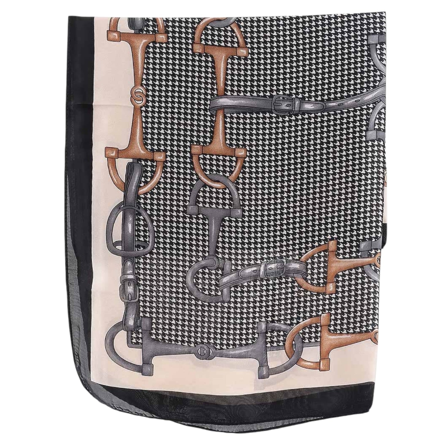 Silk scarf with horse bridle pattern on a white background
