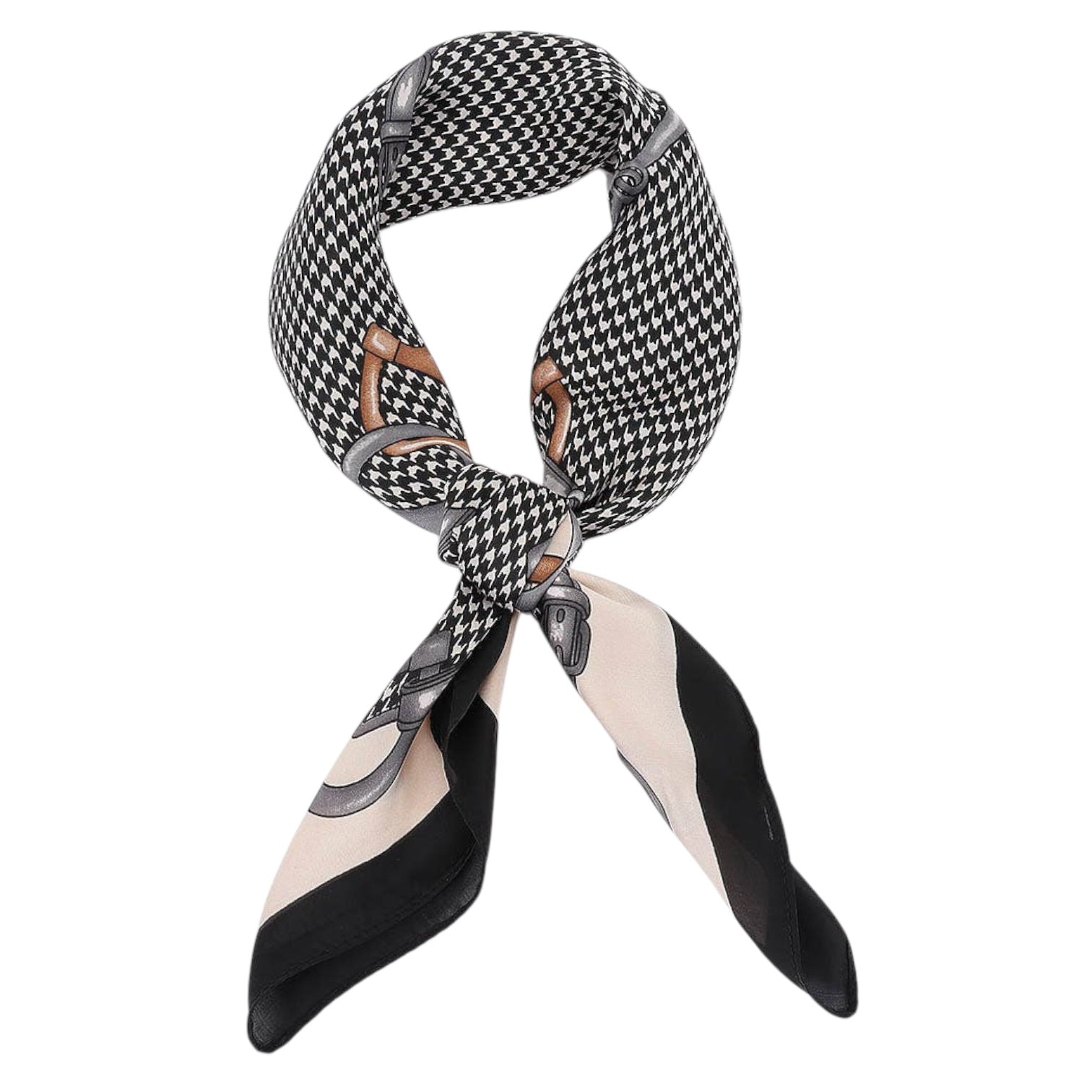 Black and white patterned scarf with decorative elements on a white background