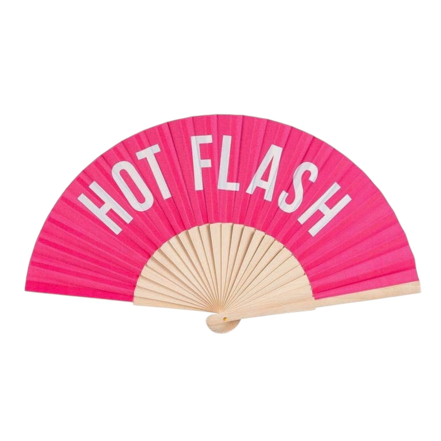 Pink hand fan with 'HOT FLASH' text on a white background
