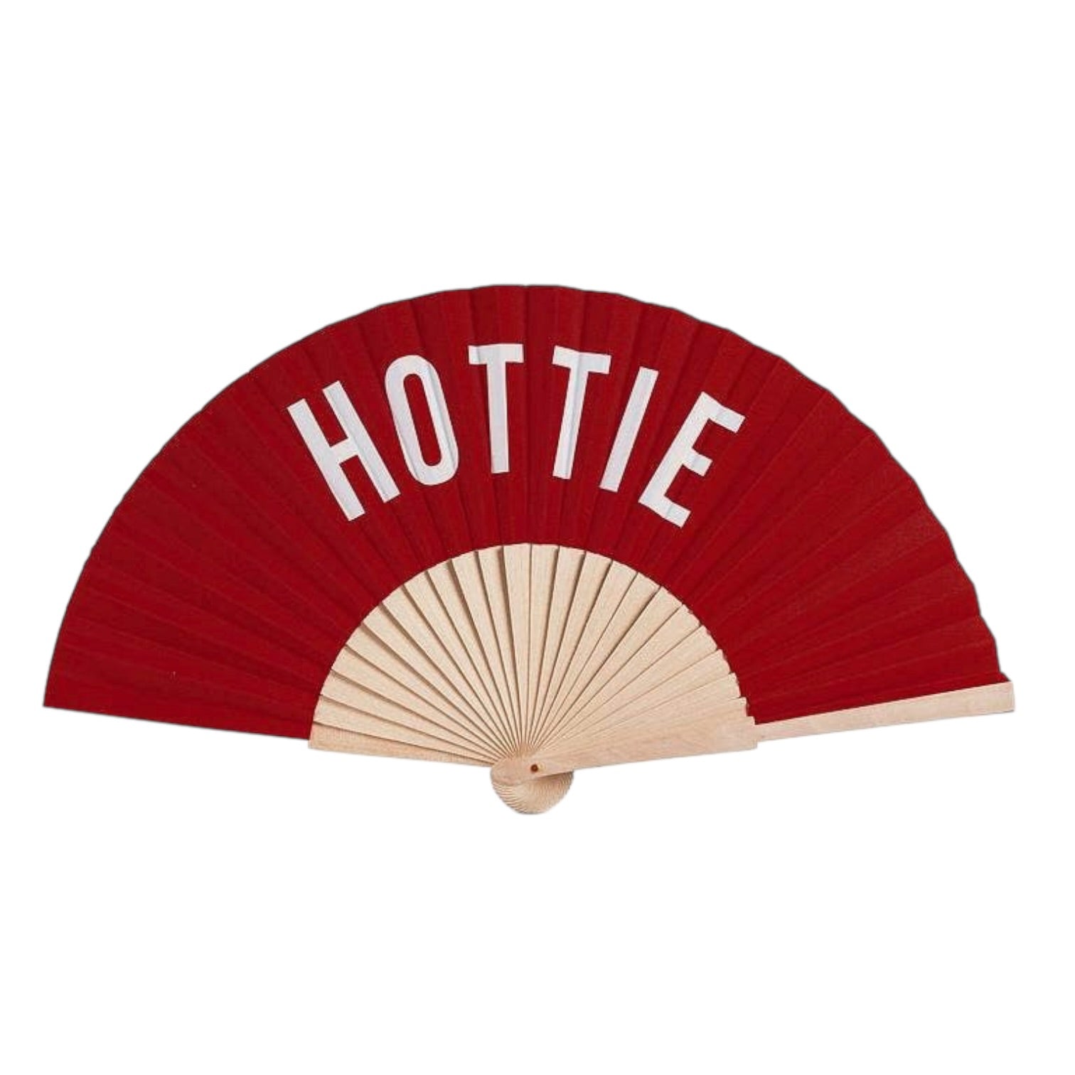 Red hand fan with 'HOTTIE' printed on it against a white background