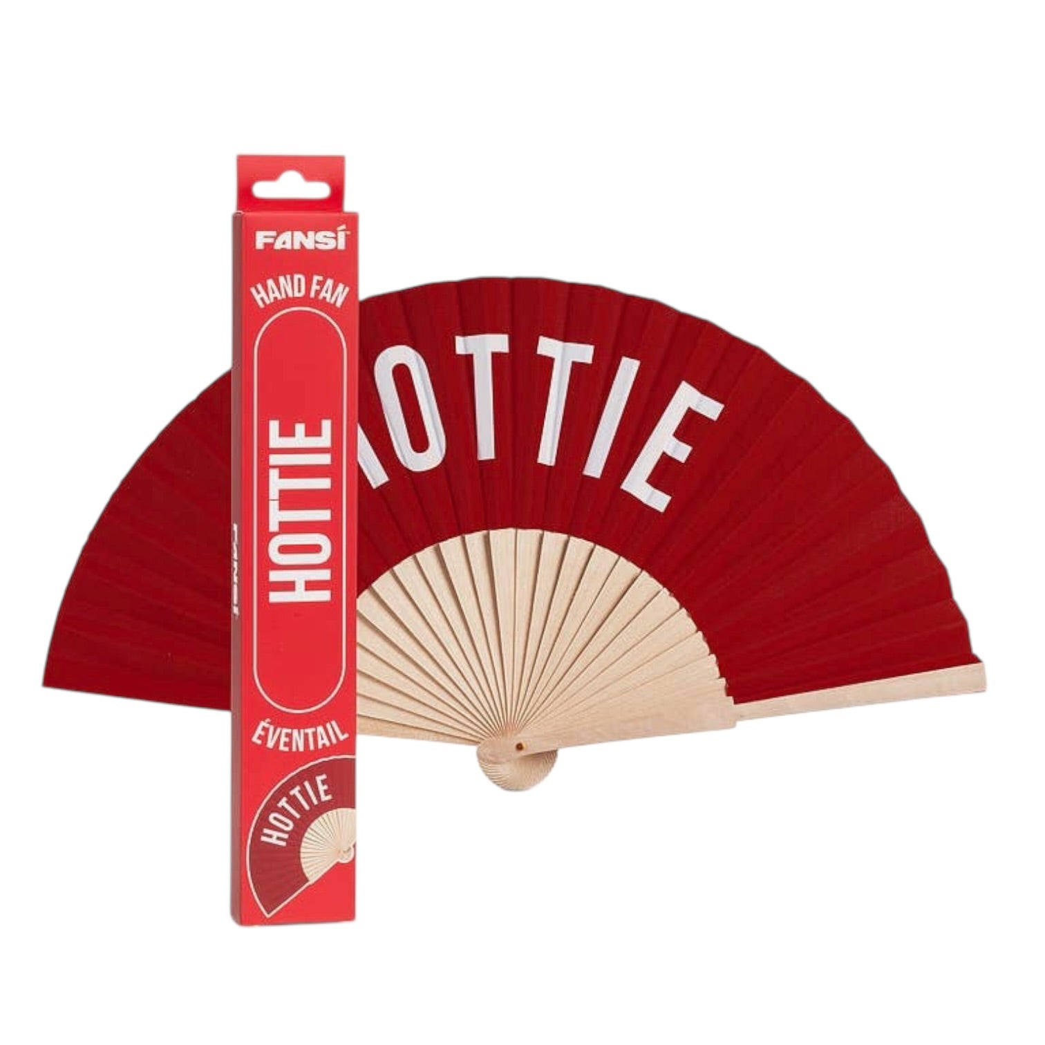 Red hand fan with 'Hottie' text and packaging on a white background