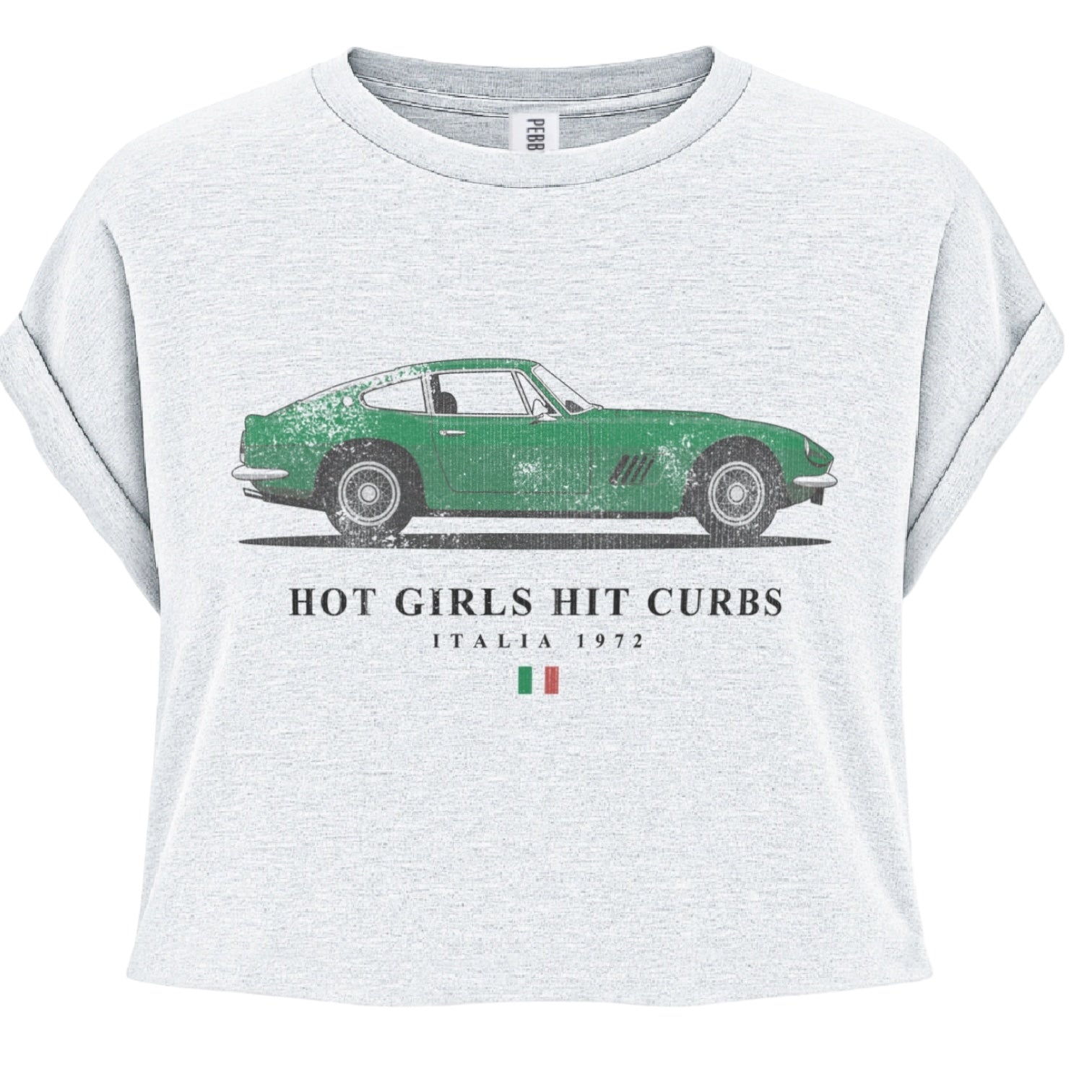 Gray t-shirt with green car graphic and text on a white background