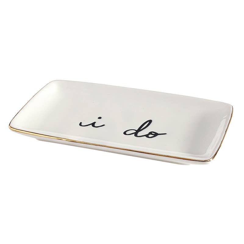 White rectangular dish with 'i do' text on a white background