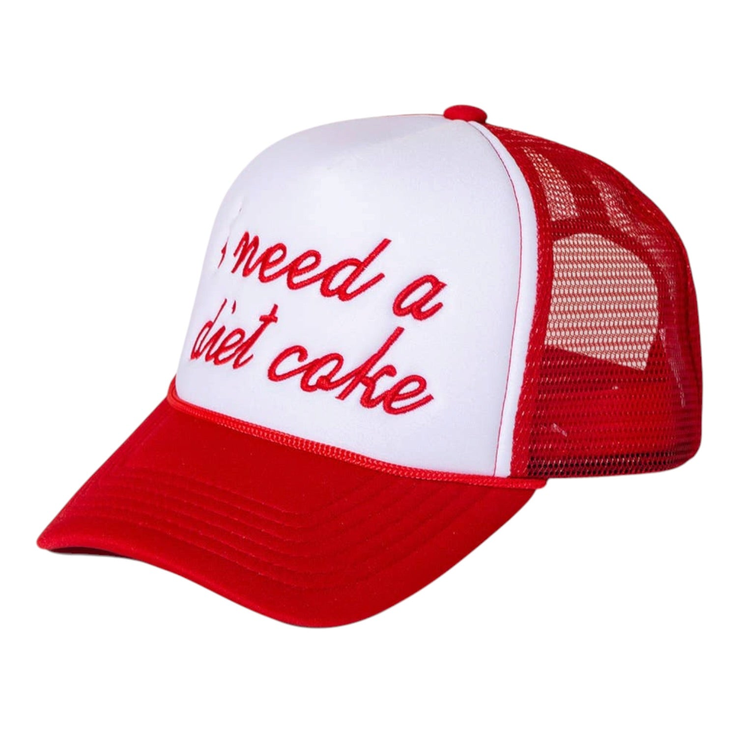 Red and white cap with 'I need a diet coke' text on a white background