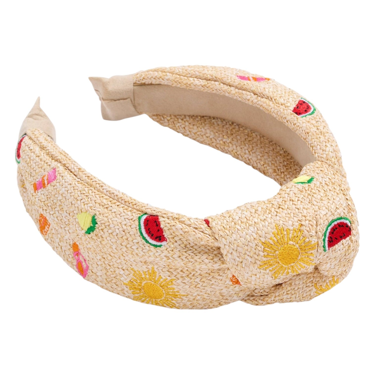 natural knotted headband with graphics of sun and fruit on a white background