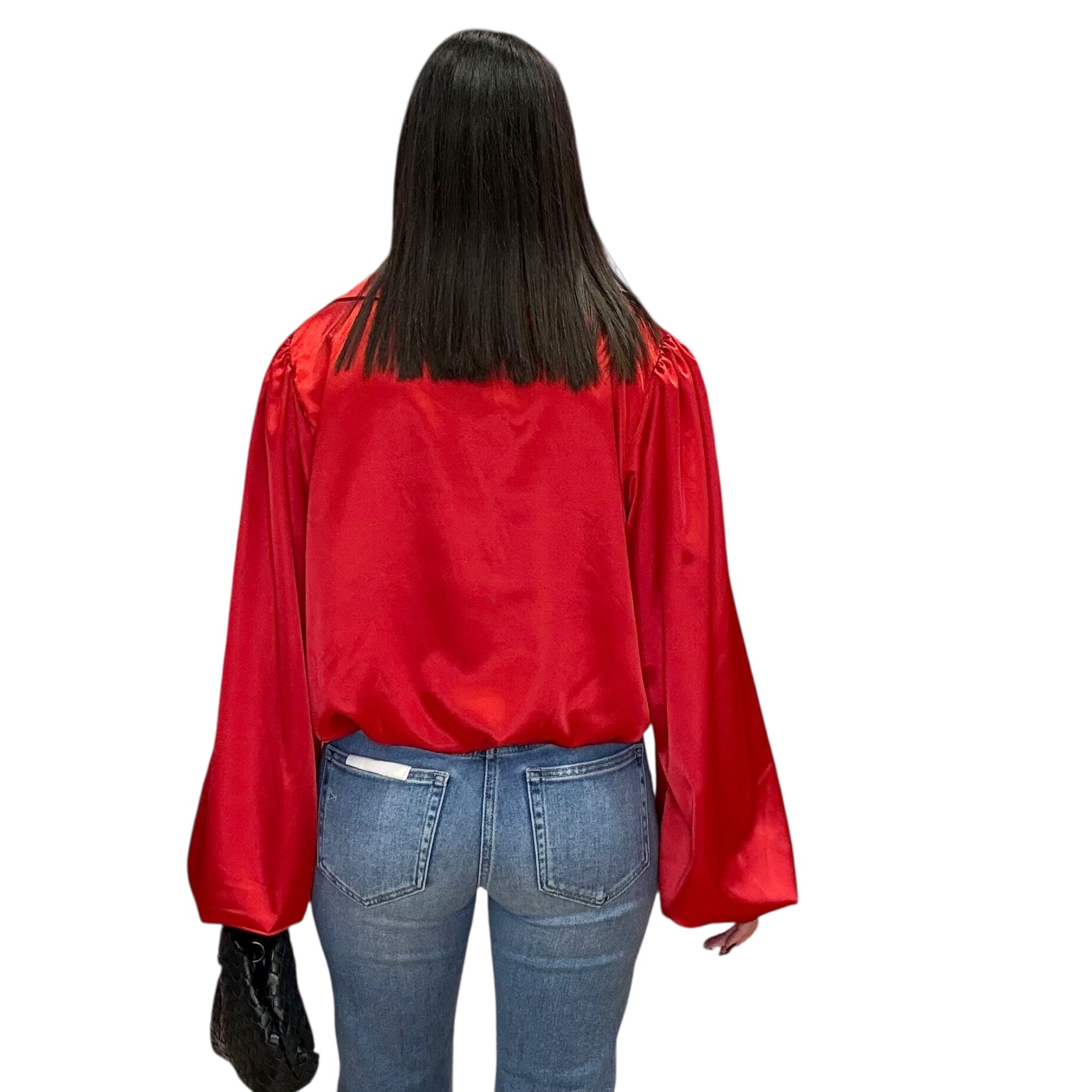 model wearing red satin balloon sleeve blouse