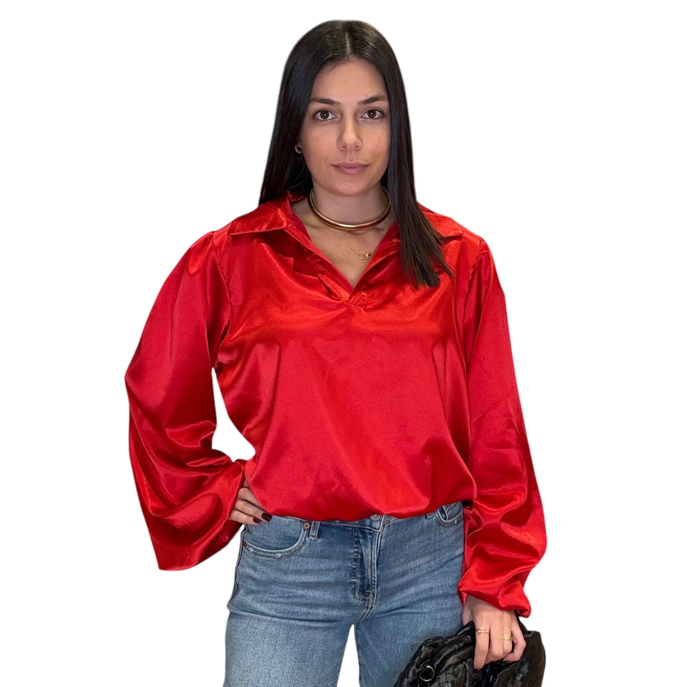 model wearing red satin balloon sleeve blouse