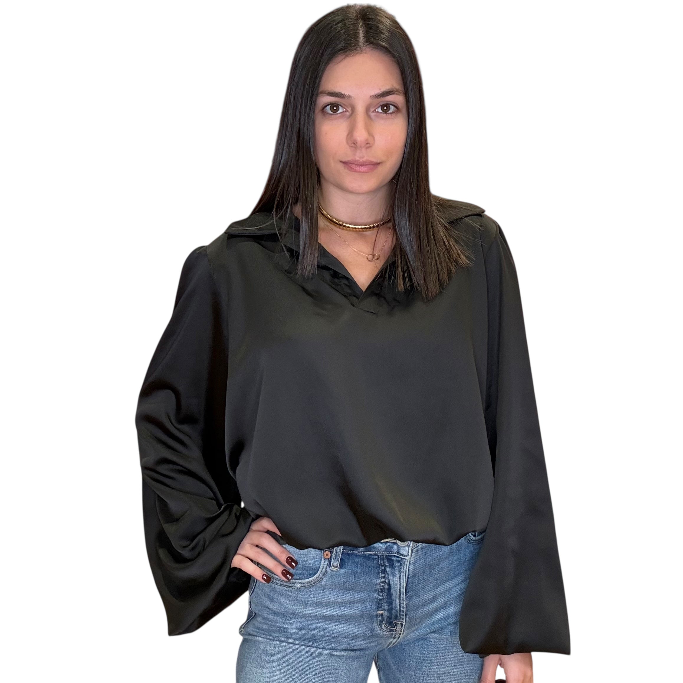 model wearing black satin balloon sleeve blouse