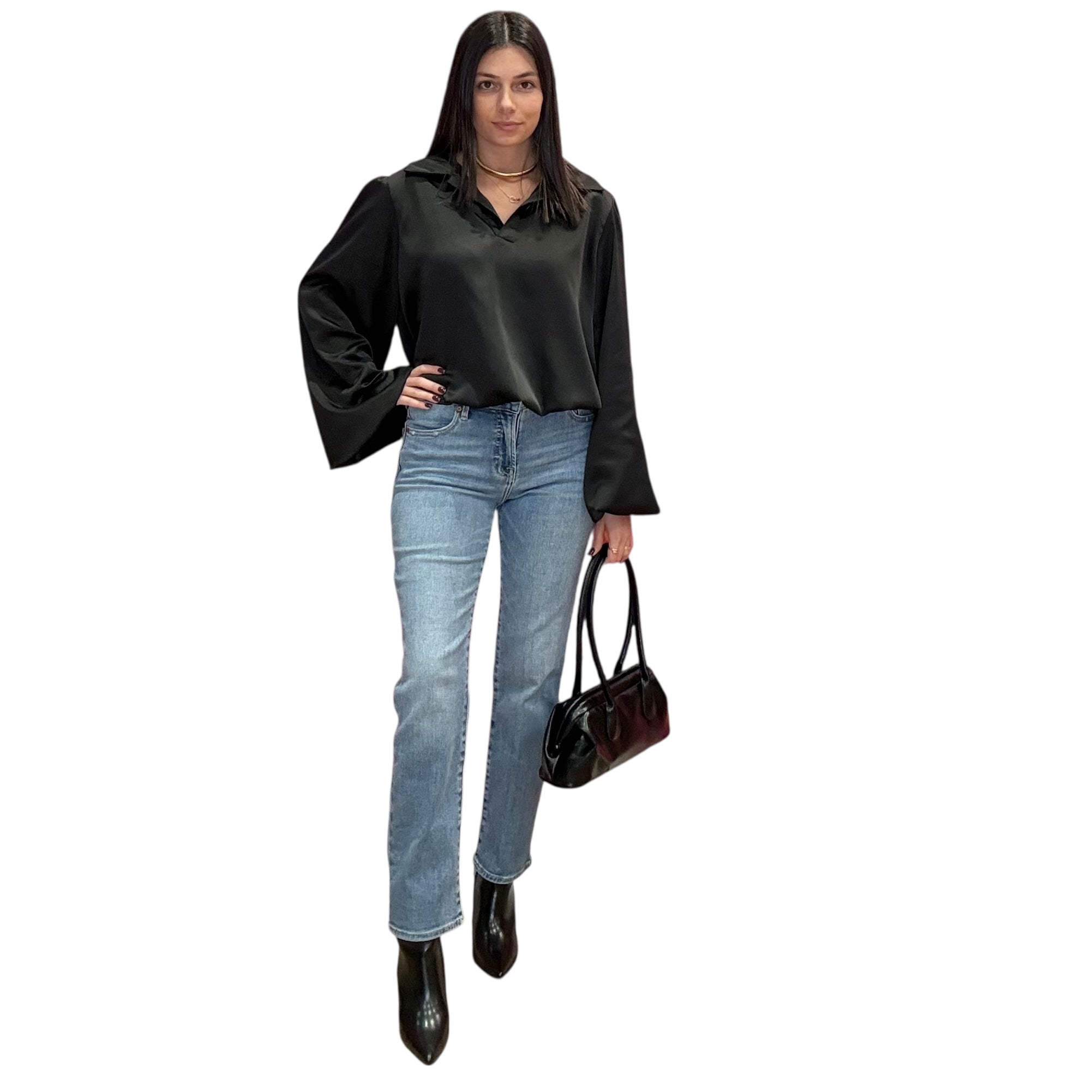 model wearing black satin balloon sleeve blouse