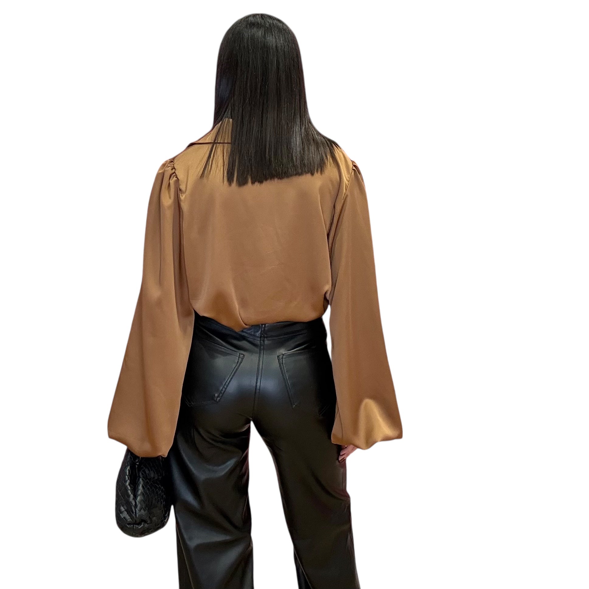 model wearing camel satin blouse