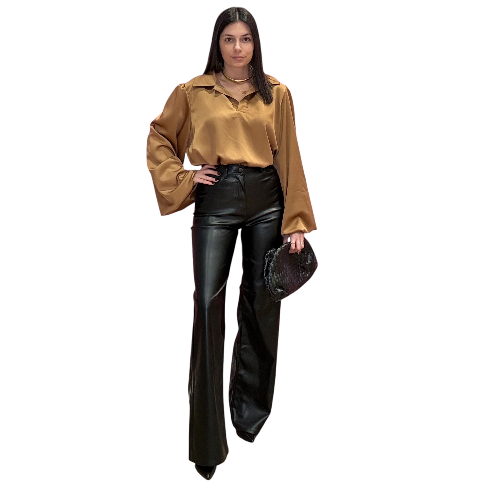 model wearing camel satin blouse