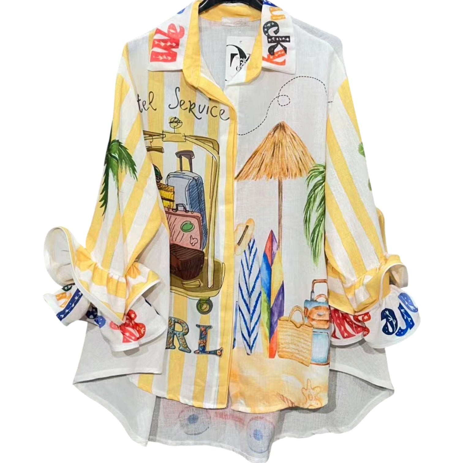 Colorful shirt with tropical-themed design on a white background