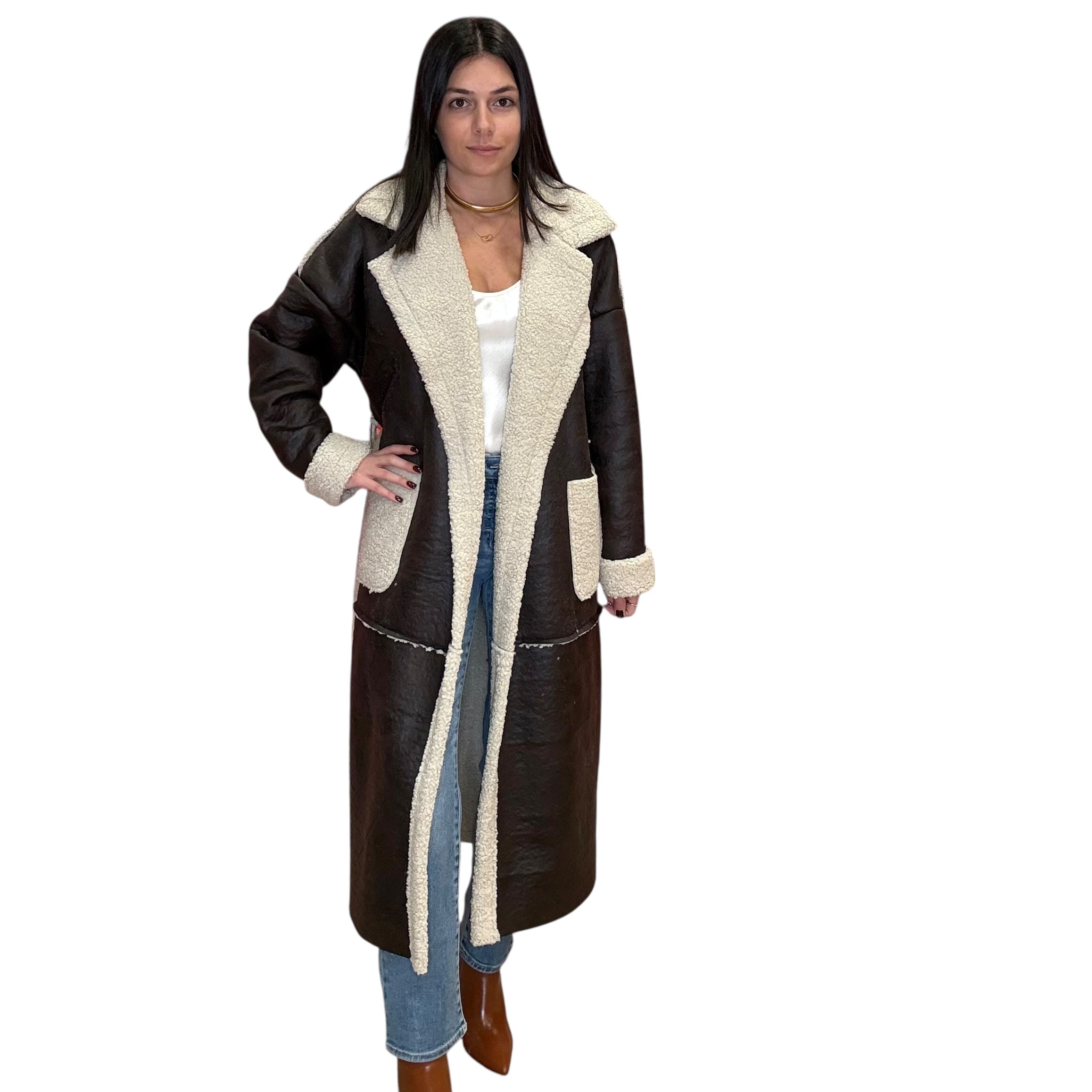 model wearing long beige coat
