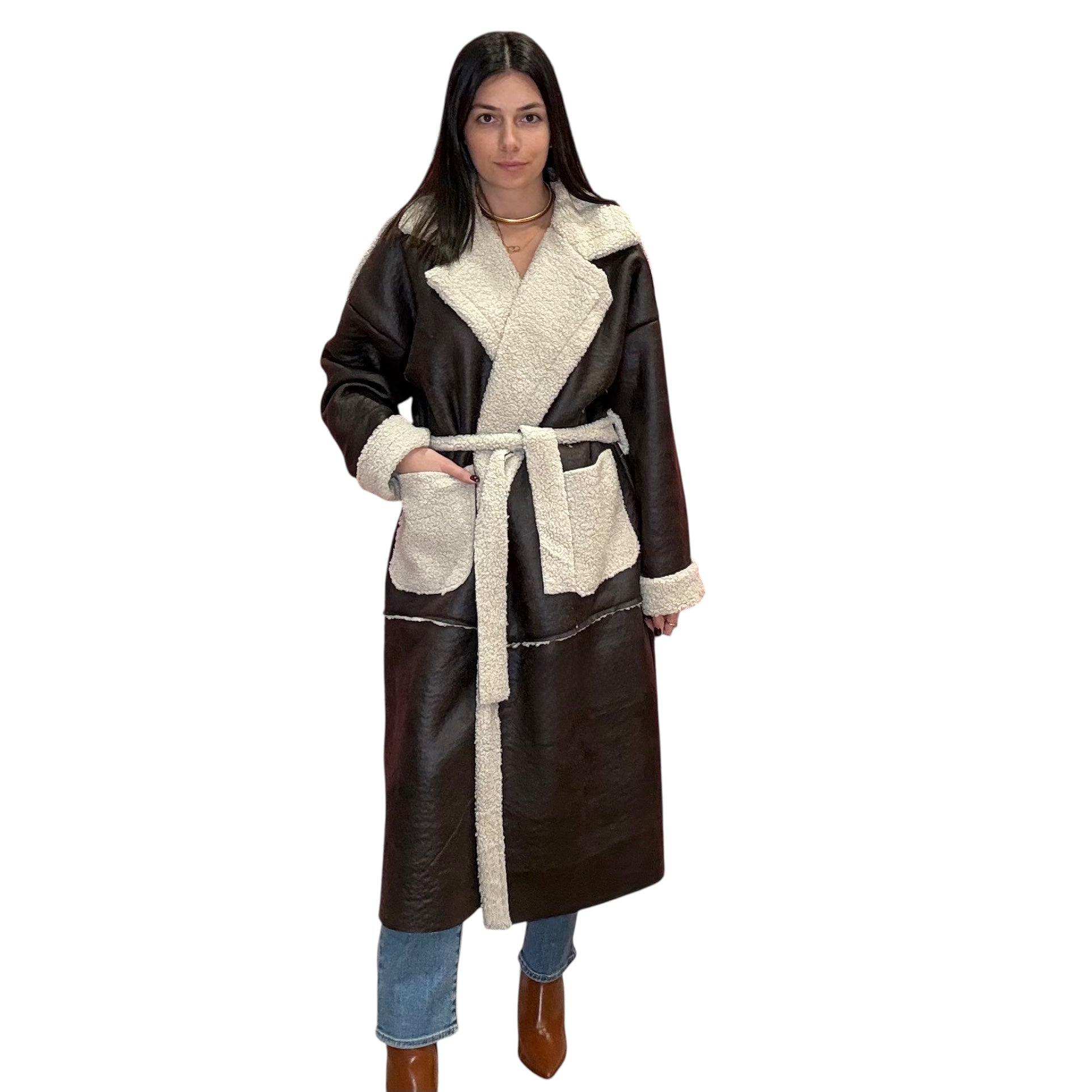 Model wearing long beige coat