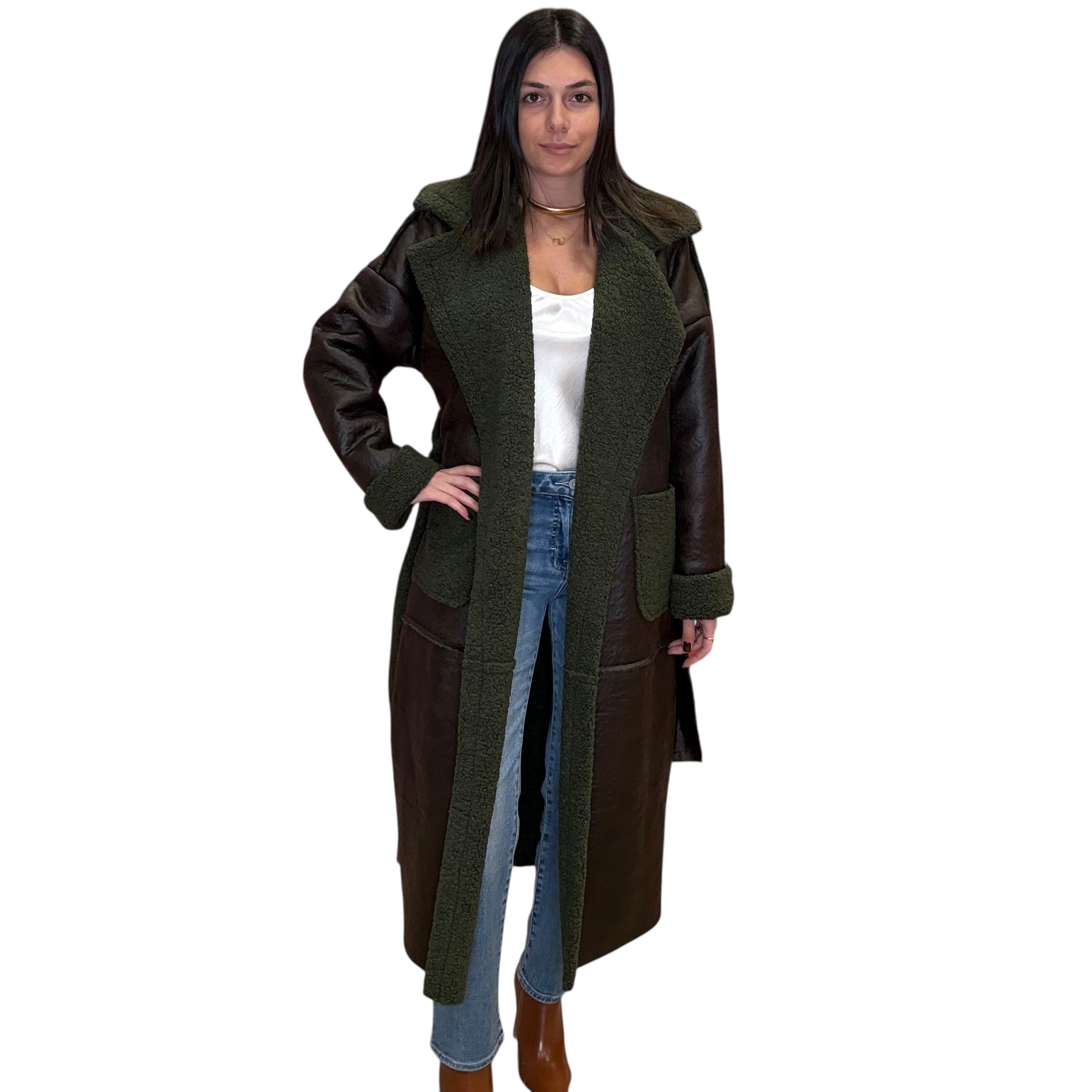 model wearing long olive coat