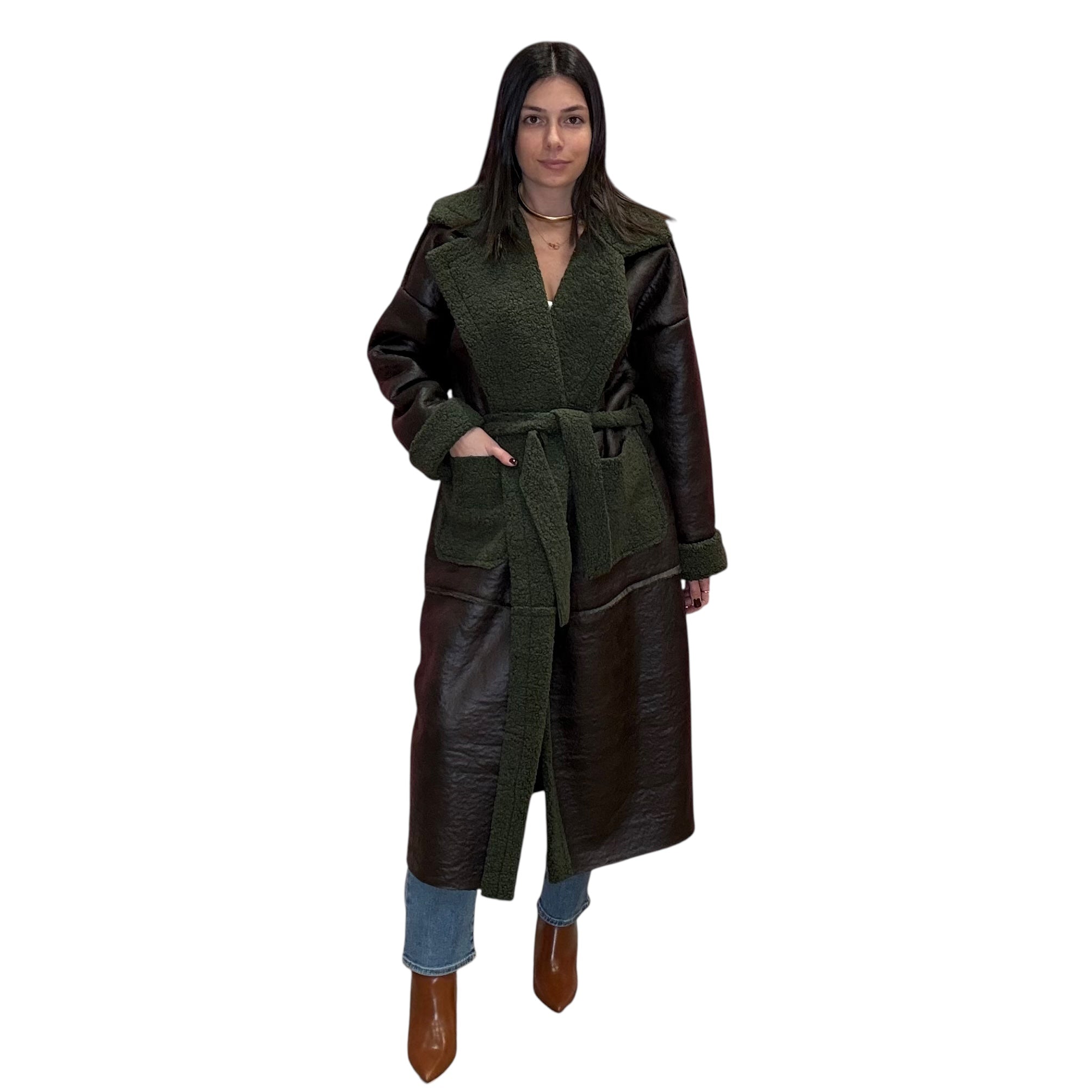 model wearing long olive coat