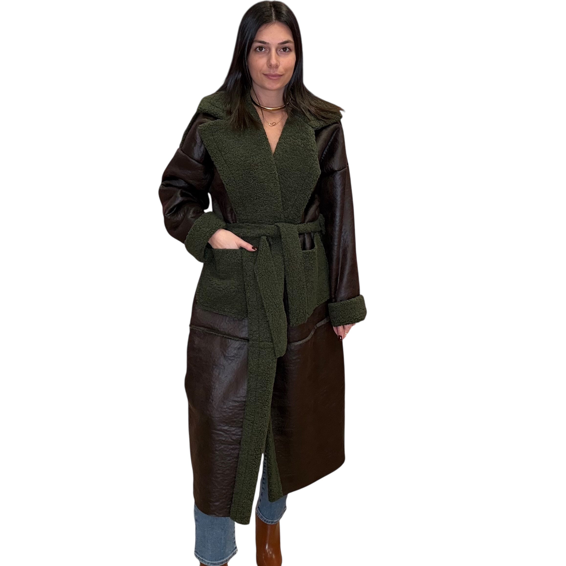 model wearing long olive coat