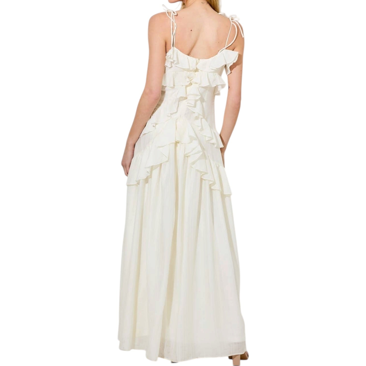 cream ruffle dress on white background