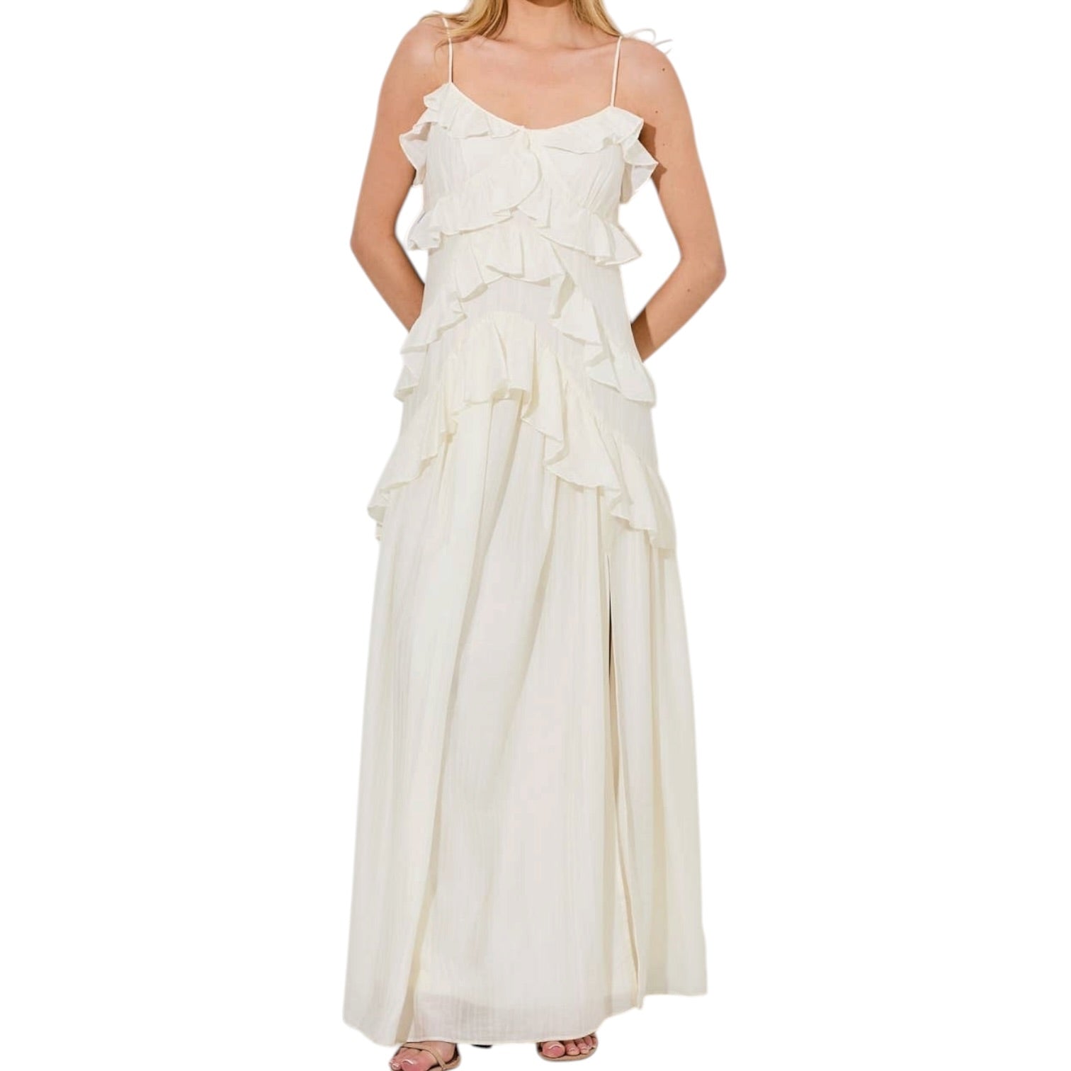 cream ruffle dress on white background