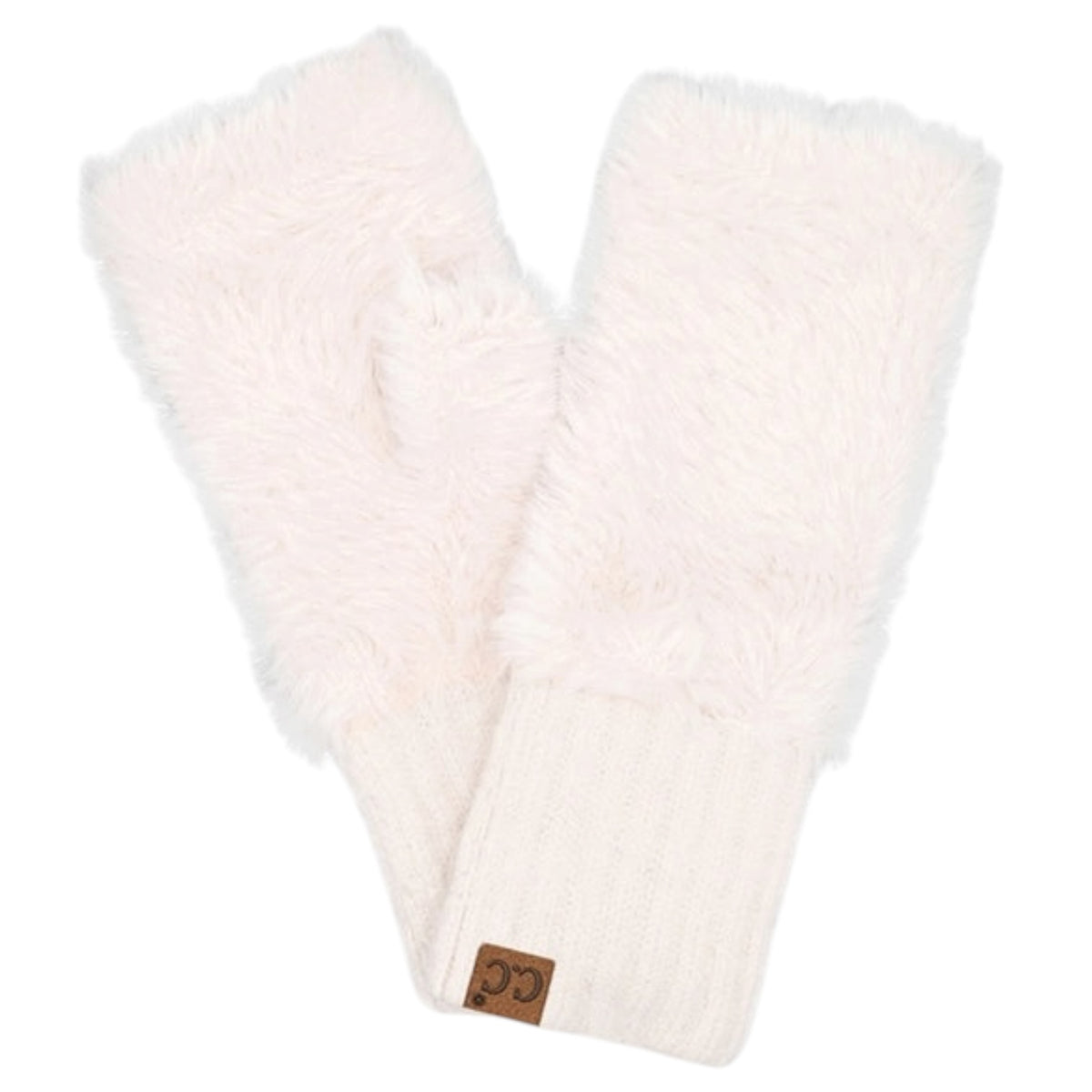 A pair of off-white faux fur and knit wrist warmers with a small brown leather logo patch on the cuff, displayed against a solid white background.