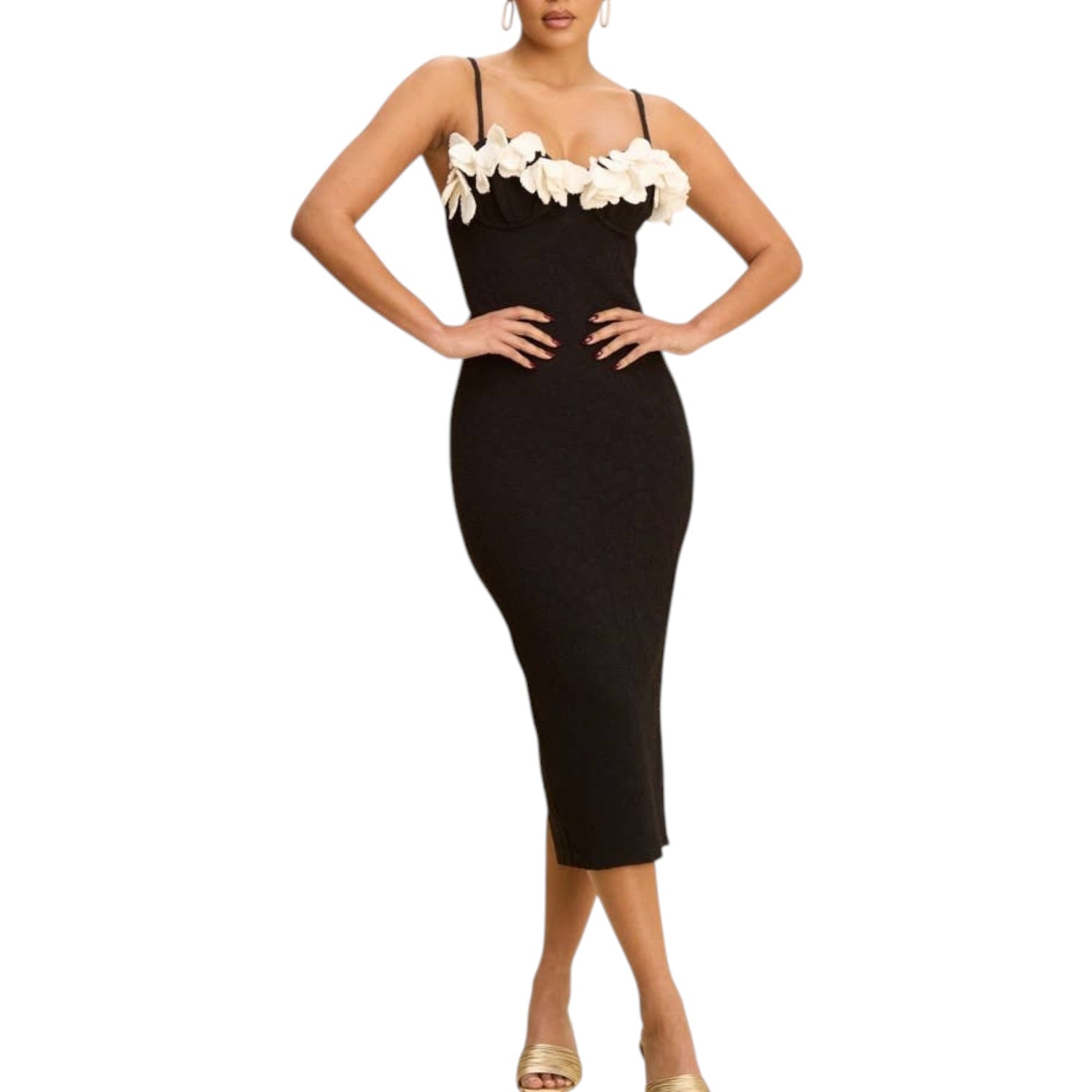 Black dress with floral details on a white background