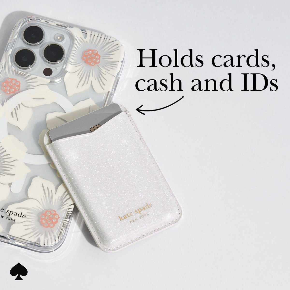 Phone case with card holder and floral design, featuring Kate Spade branding.