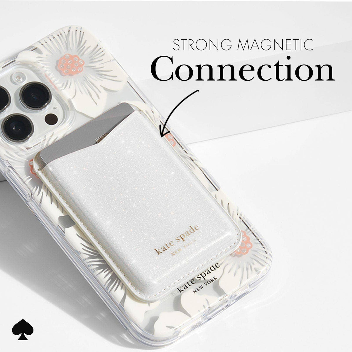 Phone case with 'kate spade' branding and text about strong magnetic connection on a white background.