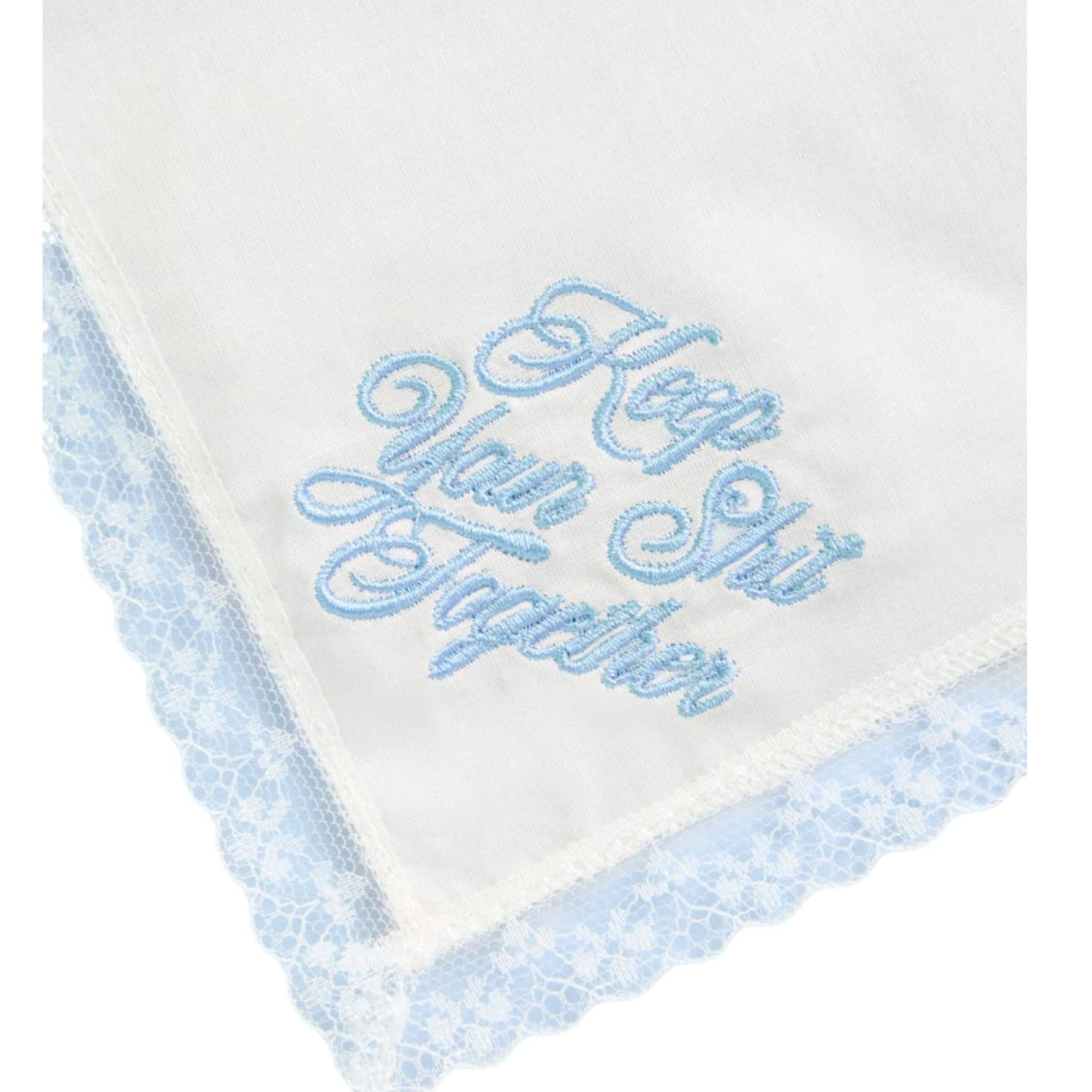 White handkerchief with blue lace trim and embroidered text on a white background