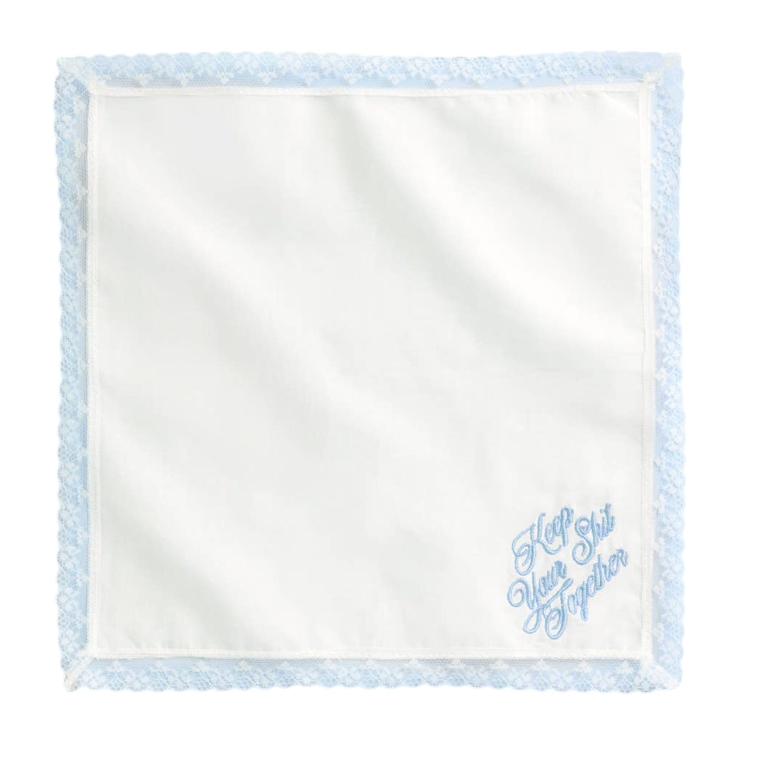 White handkerchief with blue text and border on a white background