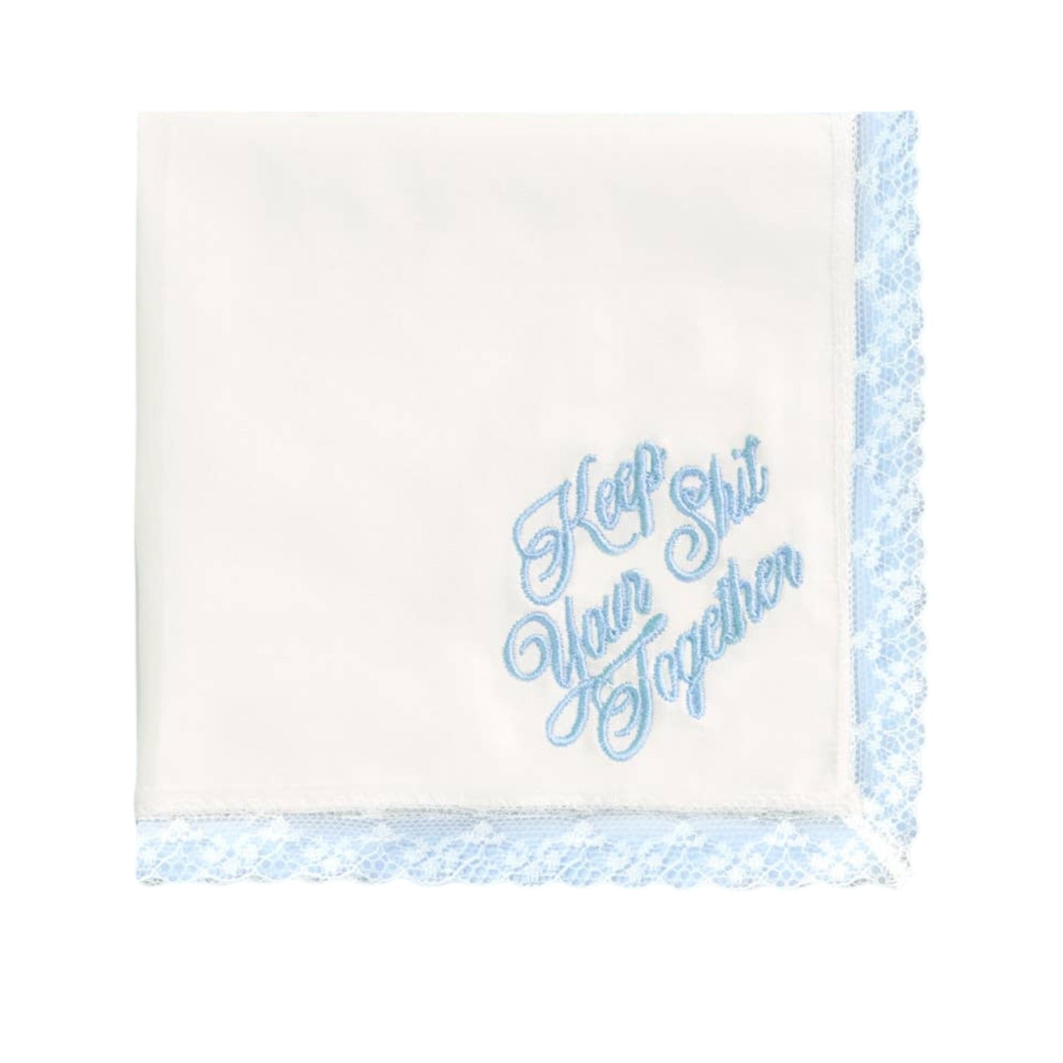 White napkin with blue text and border on a white background