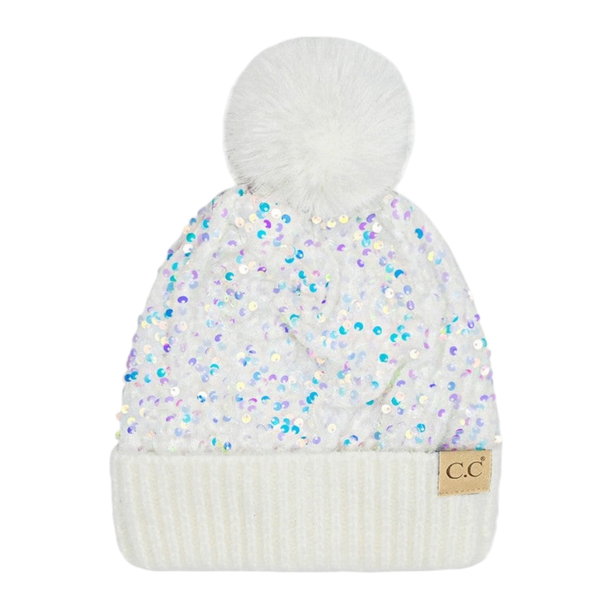 A white knit beanie hat with a large white faux-fur pom-pom on top, covered in iridescent sequins that reflect blue, purple, and green hues. It features a ribbed cuff and a small tan leather patch with the letters 'CC' on the right side.