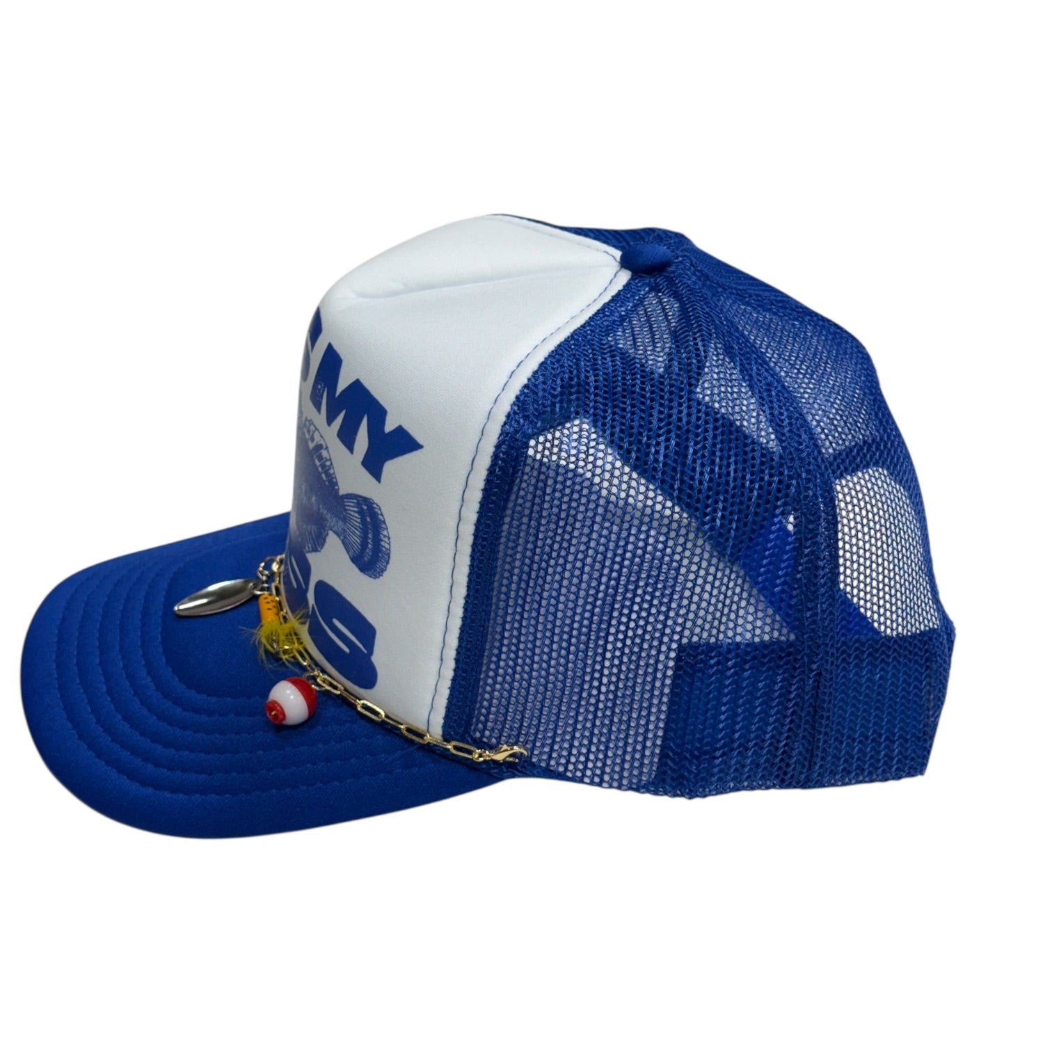 Blue and white cap with mesh design on a white background