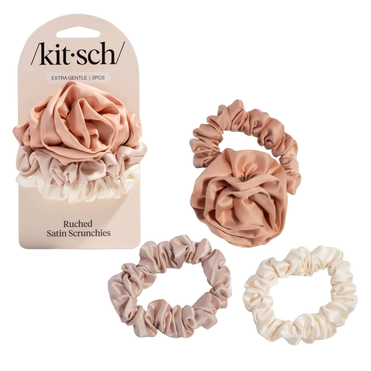 Set of ruched satin scrunchies with packaging on a white background