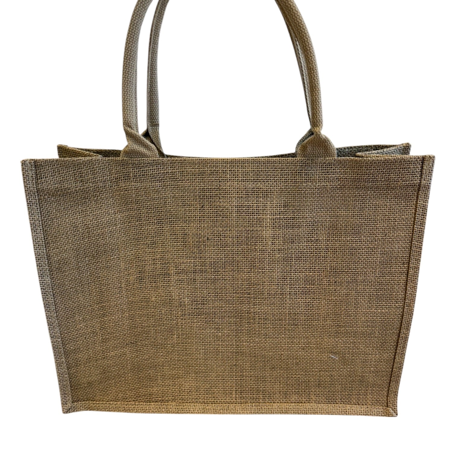 Brown jute bag with handles on a white background