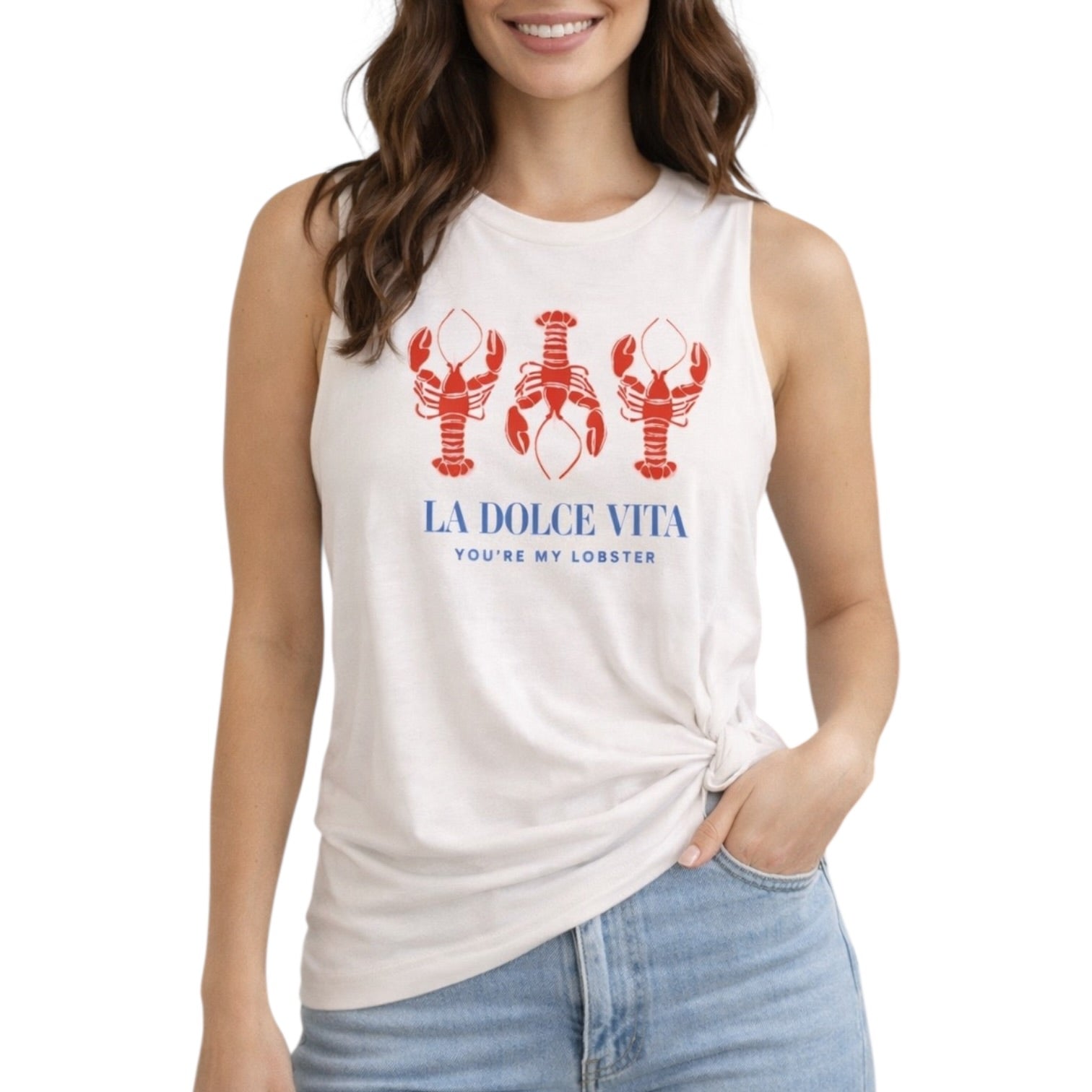 Woman wearing a white sleeveless shirt with red lobster graphics and text on a white background