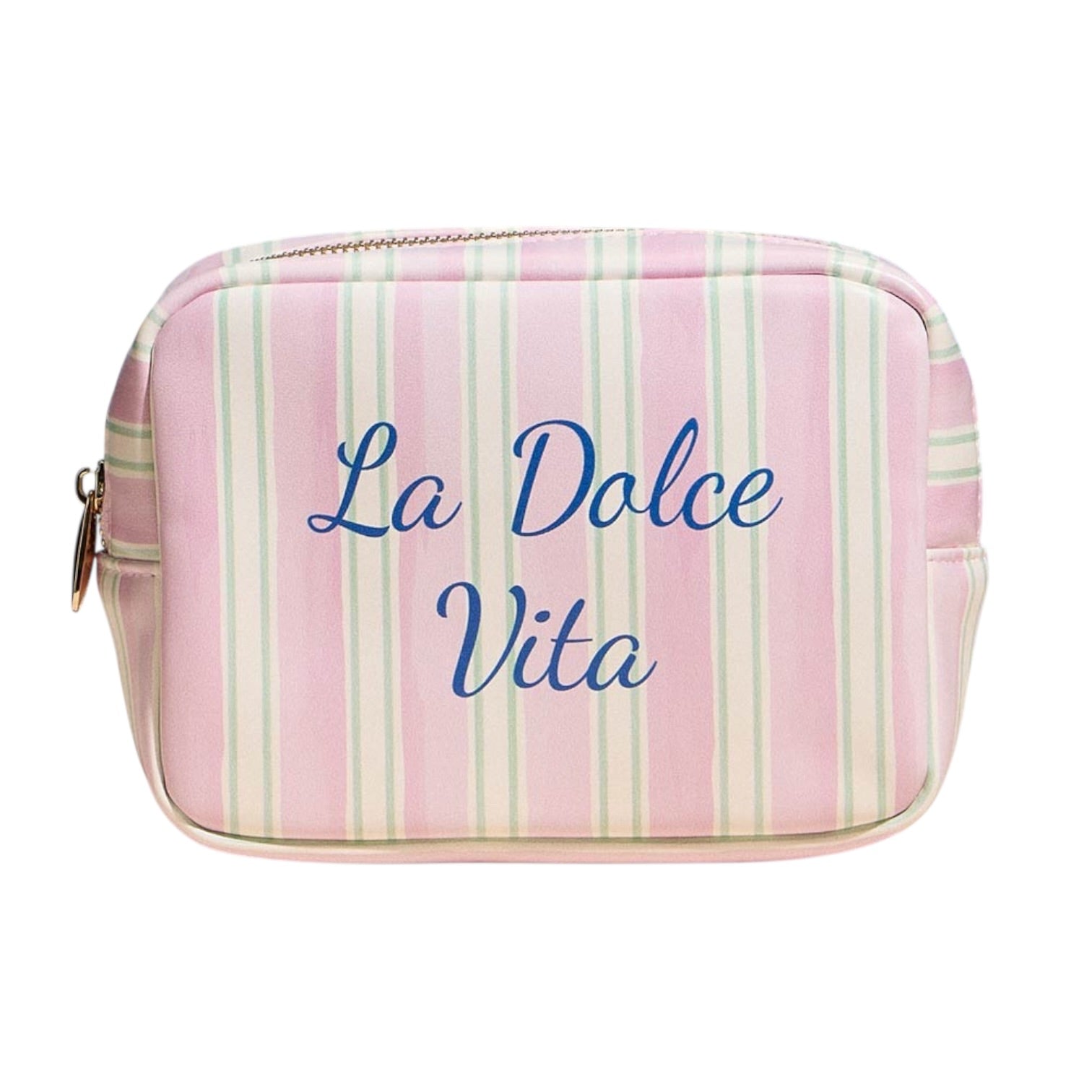 Striped pouch with 'La Dolce Vita' text on a white background