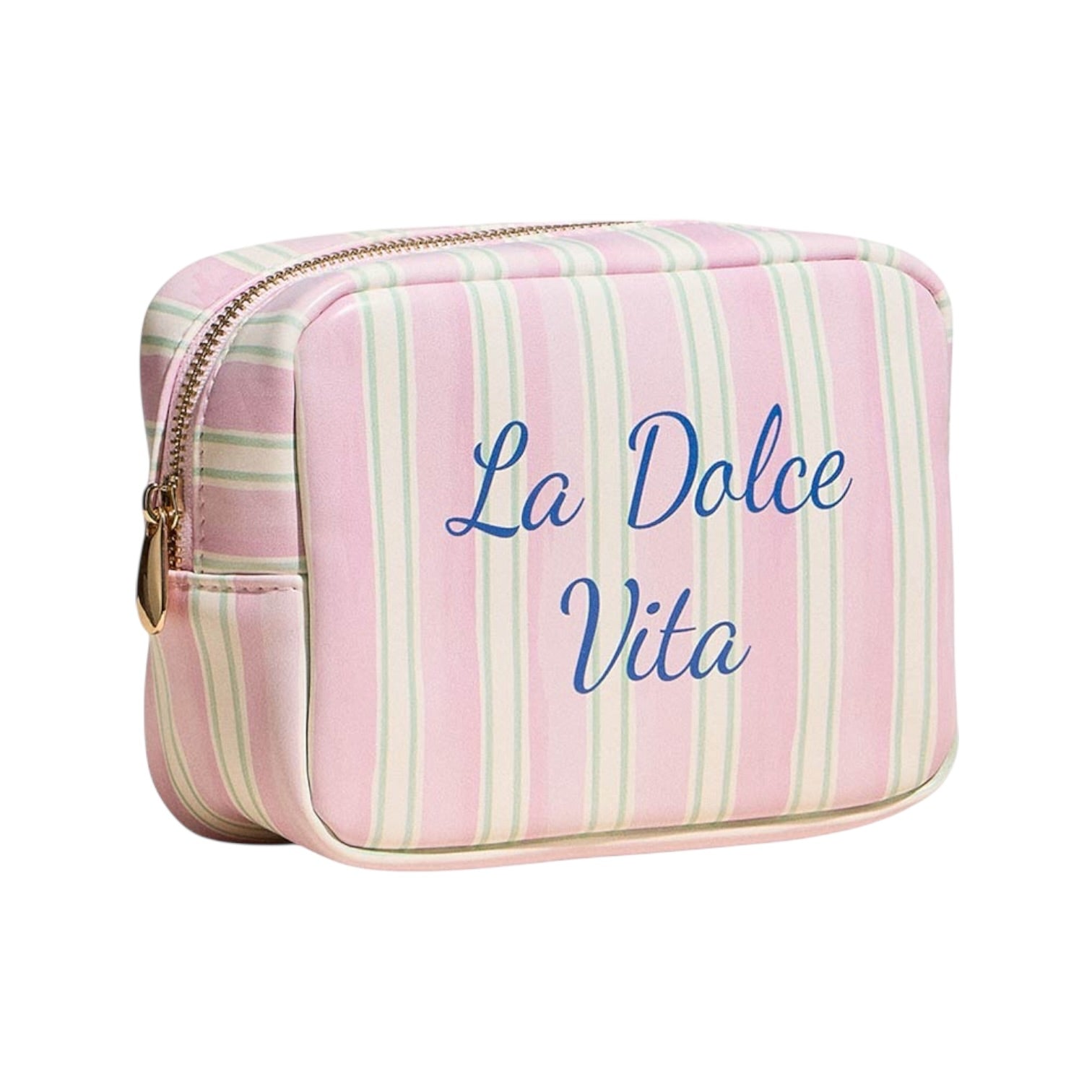 Striped pouch with 'La Dolce Vita' text on a white background